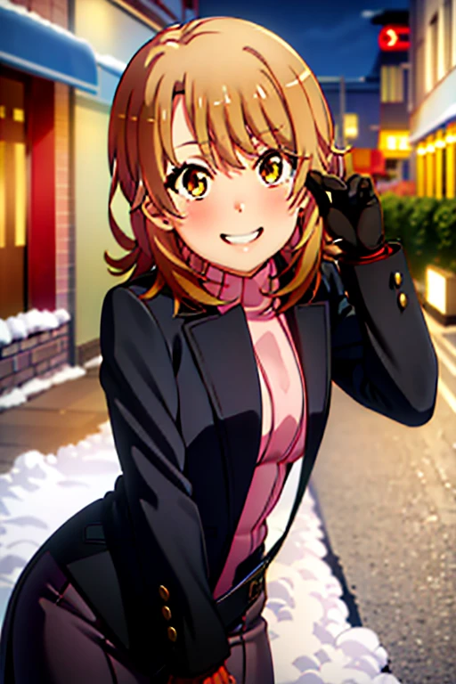 (isshikiIroha:1.5), masterpiece, best quality, absurdres, 1girl, looking at viewer, standing, upper body, outdoors, street, city, snow, turtleneck, pink sweater, evil smile, grin, leaning forward, gloves, night