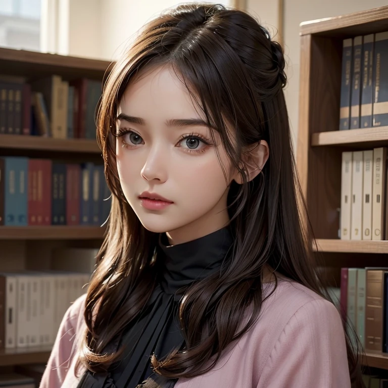 use exactly the same facial feature, hair and head as the previous prompt. use exactly the same attire, but this time she is solo and wear outerwear like blouse. the setting is at library studying solo