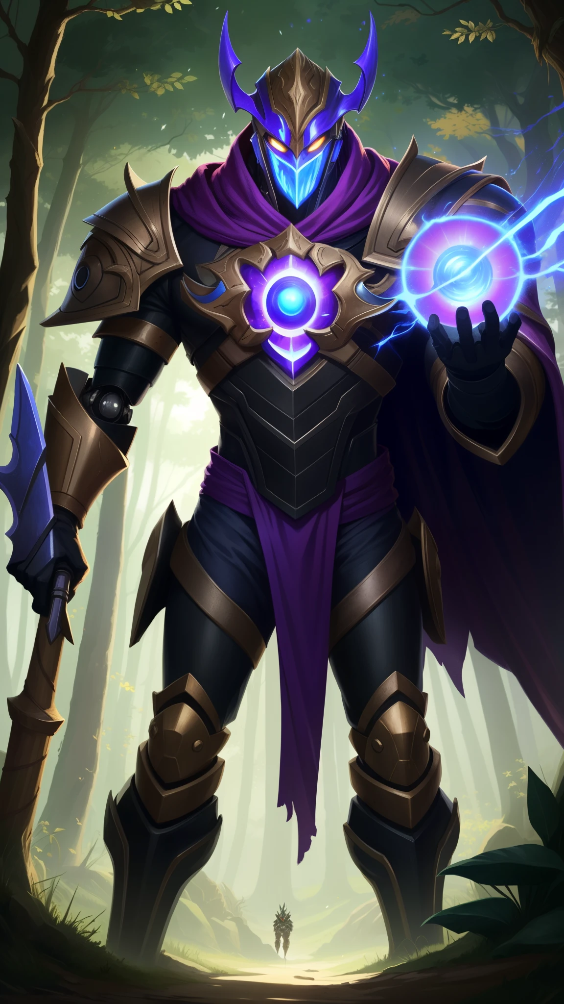 Jax,Lamp staff weapon,Purple cloak,Robot Face with 6 robot eyes,Forest Background,battle pose calm prepare,muscular body,Robotic body.(LEAGUE OF LEGENDS)