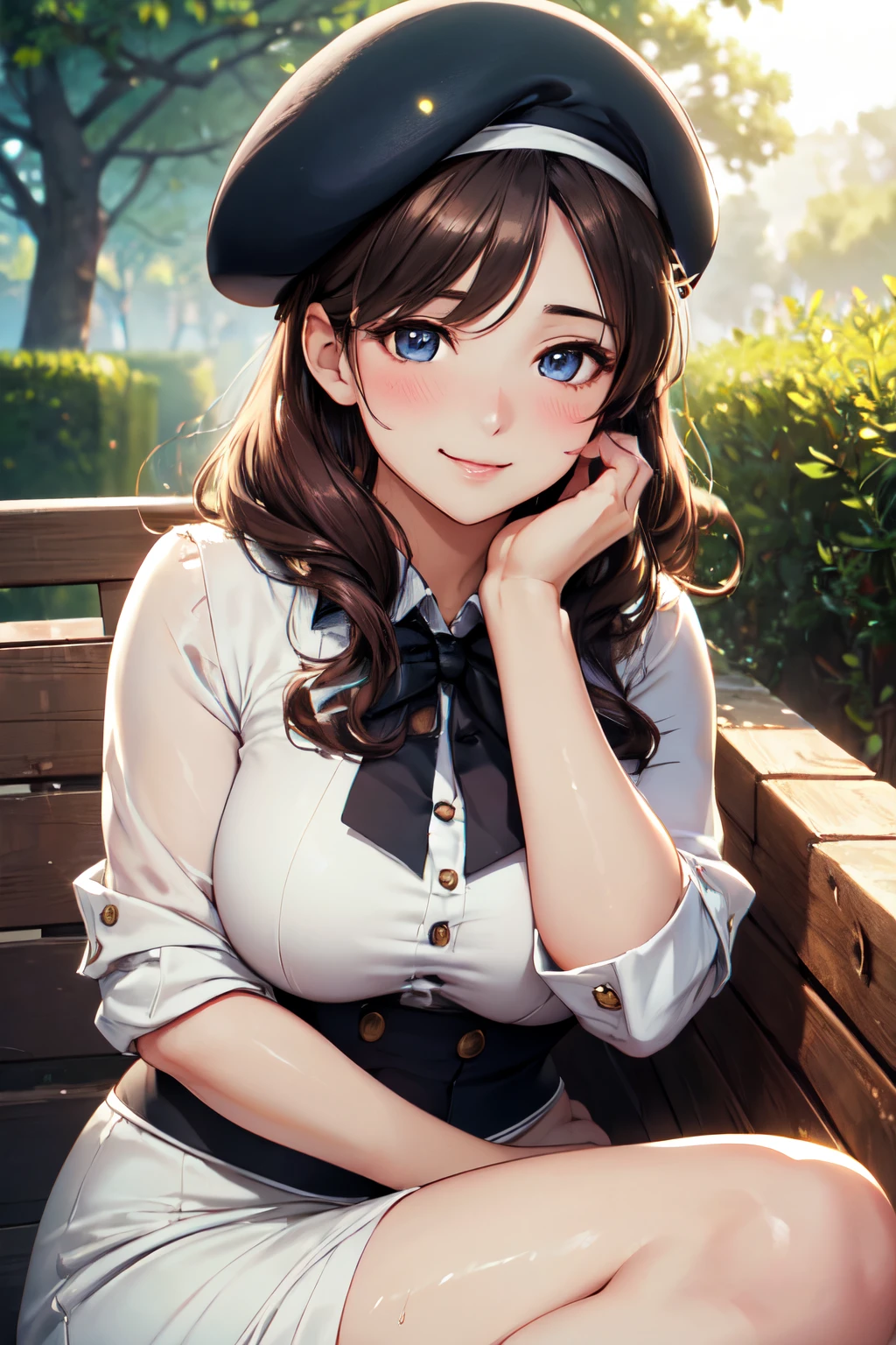 (High quality, High resolution, Fine details), Realistic, woman wearing a beret, elegant and confident posture, natural lighting, outdoor scene, calm and peaceful atmosphere, solo, curvy women, sparkling eyes, (Detailed eyes), smile, blush, Sweat, Oily skin, shallow depth of field