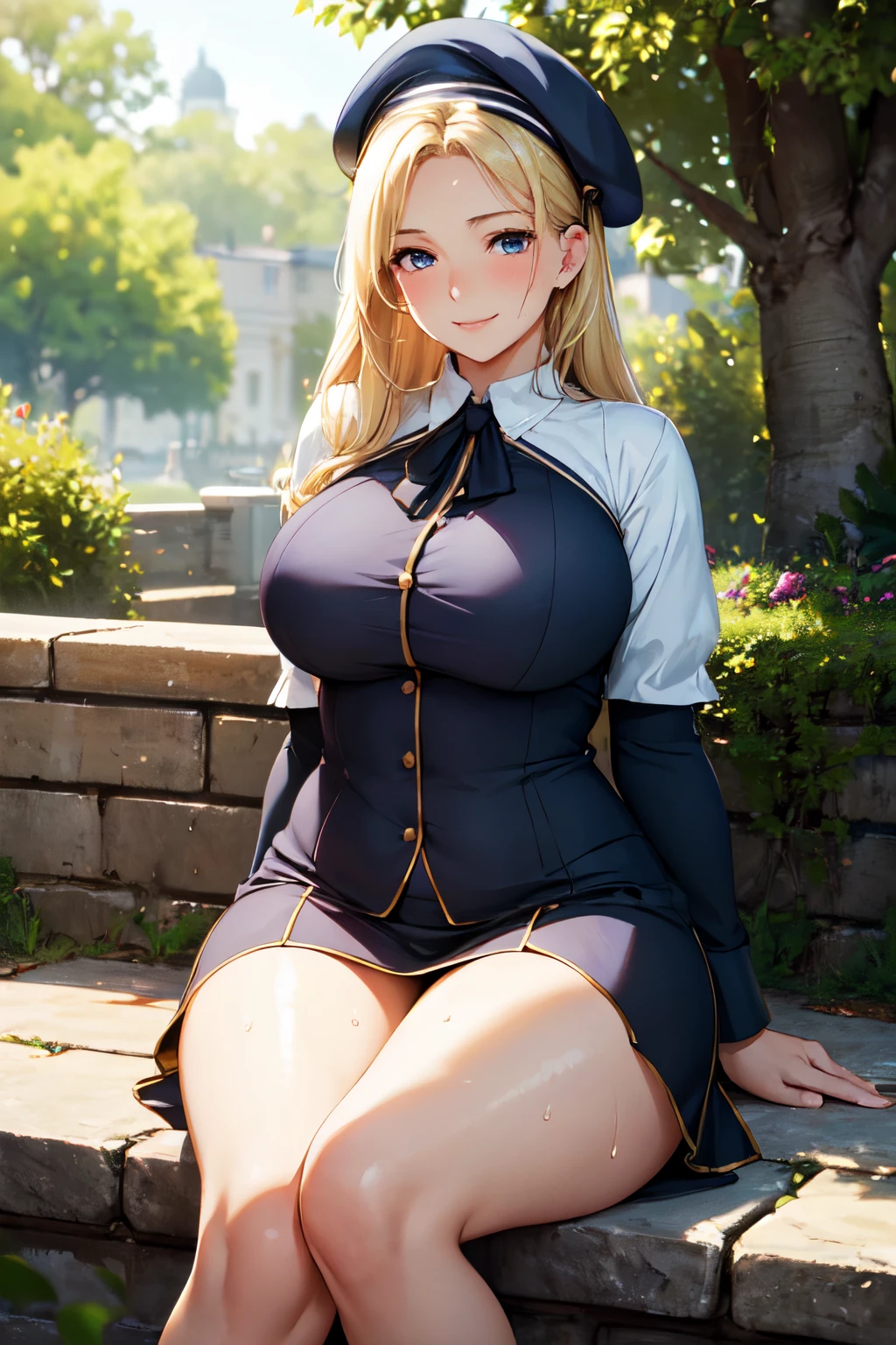 (High quality, High resolution, Fine details), Realistic, woman wearing a beret, elegant and confident posture, natural lighting, outdoor scene, calm and peaceful atmosphere, solo, curvy women, Blonde hair, sparkling eyes, (Detailed eyes), smile, blush, Sweat, Oily skin, shallow depth of field