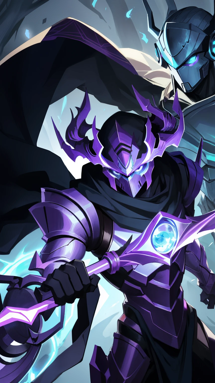 Jax,Lamp staff weapon,Purple cloak,Robot Face with 6 robot eyes,Forest Background,battle pose calm prepare,muscular body,Robotic body.(LEAGUE OF LEGENDS)