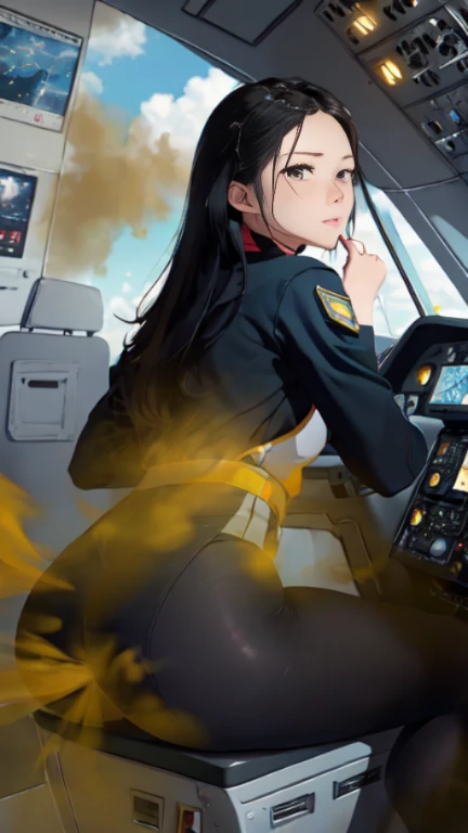 ((velocity)),Yellow smoke,Attacked by farts, (((Women farting))),(girl farting while sit captain seat and control the plane)),frowned,velocity,(Yellow smoke is rising))(a female pilot), (wearing a pilot uniform and legging),(sit facing the screen),(her butt facing the screen)) (long black hair),(Asian woman),(airplane cockpit ),(masterpiece:1.2、top-quality)、(the Extremely Detailed CG Unity 8K Wallpapers、ultra-detailliert、Best Shadows)、(细致背景)、(The best lighting、extremely delicate and beautiful)、depth of fields、1girl in、独奏