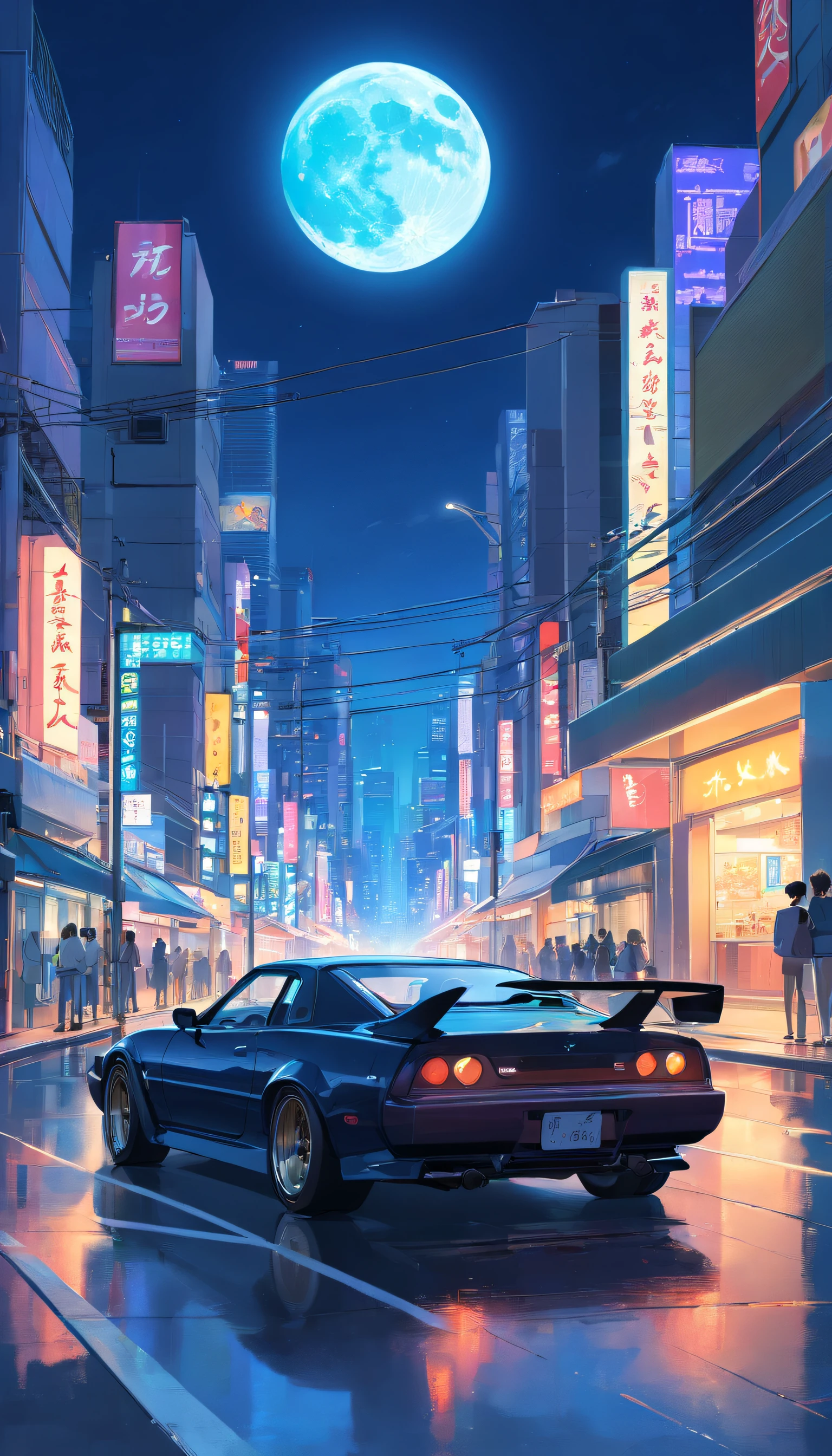 Tokyo, Japan，Huge Full Moon，natta，Black high-tech sports car，a high-tech city，buildings，neon，Busy