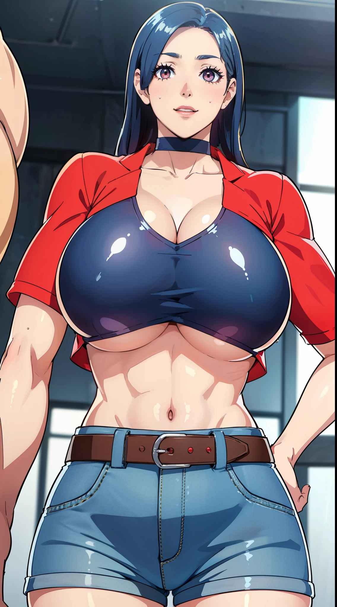 masutepiece++, Best Quality++, ultra-defined++, ultra-defined++,4K++,in 8K++, (Background Focus)++, Highly detailed, ((Slouched))++, ((1 milf)), ((((Hi-Res))))++++, (((Denim shorts)))+++, ((((underboob))))++++, ((Red jacket))+ +, ((a belt)) ++, ((choker necklace)), (Slouched) +, (a blond), (Super shiny hair and skin), (Sunlight), ((Beautiful) ), (Huge breasts_Body: 1.5), (Huge breasts: 1.5), Muscular girl with clearly visible abs and muscles, Sweaty body, cleavage, Dynamism, (Abs cleansing and shaving, Muscle muscle thighs) +, A lively smile, Perfect eyes, Perfect hands, Perfect nose, Magic Battle Dark, Bright atmosphere, (wet effect) +, (light effect), (Cinematic Light) + , (Like a movie of light) +