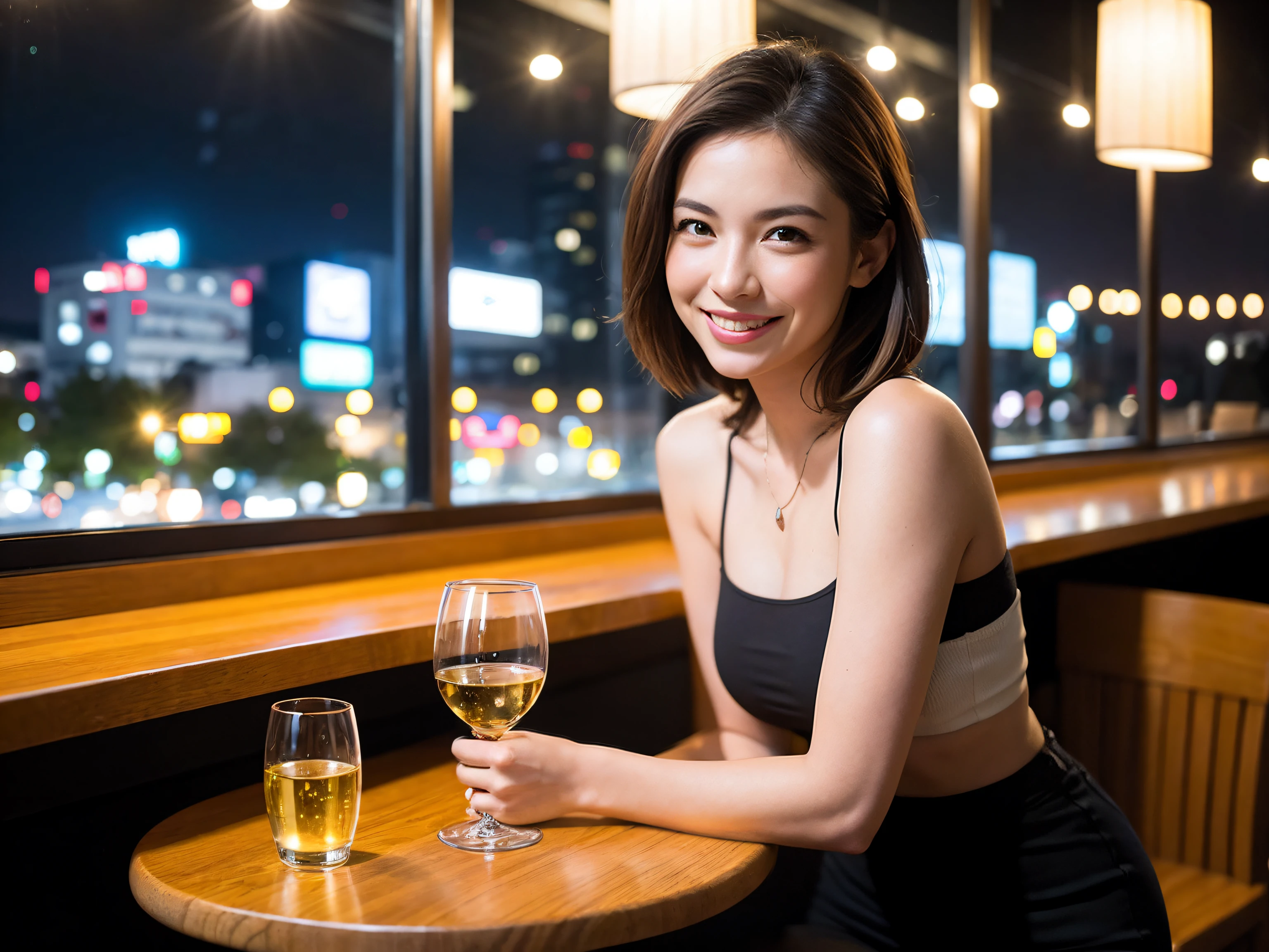 (64K, UHD, top quality, masterpiece: 1.2), (realistic, photorealistic: 1.37), super detailed, pretty woman 1 person, (slim face), (slim body), (brown hair), (short cut), cheeks slightly blushing, (42 years old), 38 years old, solo, beautiful detailed urban night view outside the window, restaurant, wine glasses sit, night, in a prominent place (from the waist up) NovaFrogStyle, Actress, Model, Waist Up, White Wine, Slim, Wine Glass, Super Clean Night View, Wine Glass Put in the Middle, Happy Smile, (Smile: 1.15), Beautiful Fine Eyes, Upper Body, Bust Japan Up, Night, Short, Short, Actress, Model, Waist Up, White Wine, Slim, Wine Glass, Super Clean Night View, Wine Glass Put in the Middle, Happy Smile,