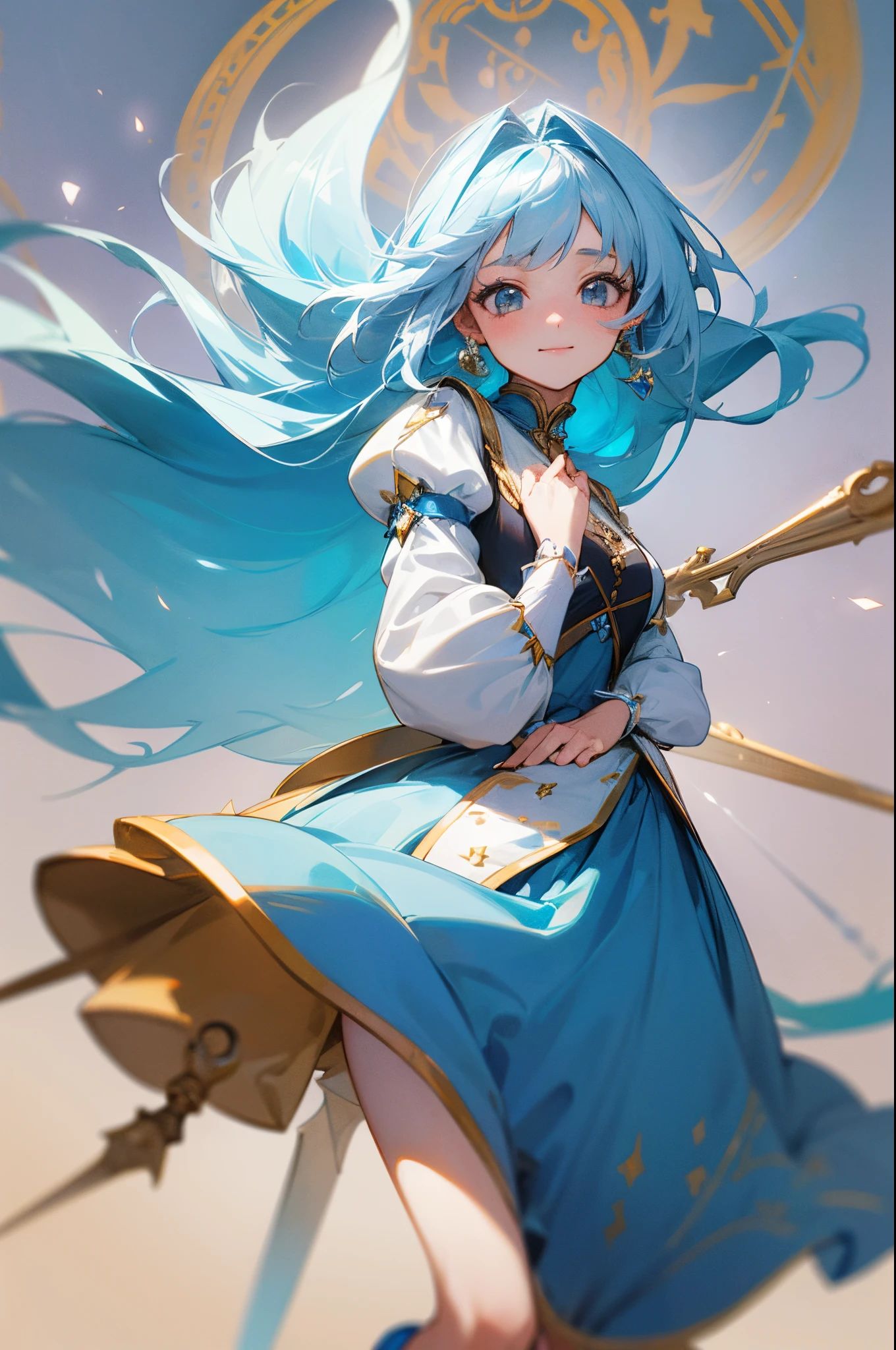 one-girl,blue hairs,With a little bit of white hair,ssmile,renaissance french background,wonderful dress,Best quality at best,Ultra-high sharpness,quadratic element,《the original god》game characters,Ferina,Fkarus,Normal hands,exquisite costumes,8k ultra high definition