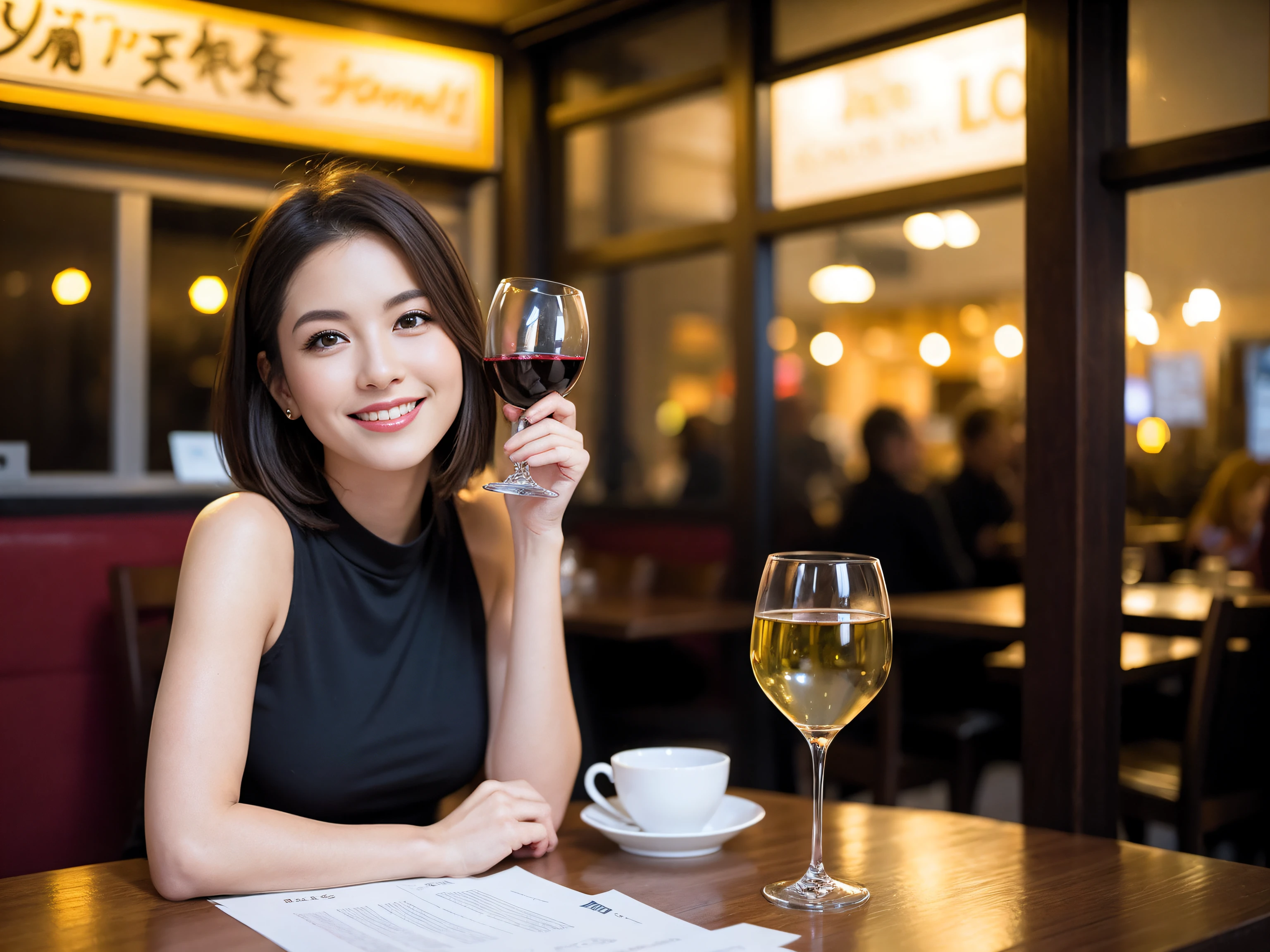 (64K, UHD, top quality, masterpiece: 1.2), (realistic, photorealistic: 1.37), super detailed, pretty woman 1 person, (slim face), (slim body), (brown hair), (short cut), cheeks slightly blushing, (42 years old), 38 years old, solo, beautiful detailed urban night view outside the window, restaurant, wine glasses sit, night, in a prominent place (from the waist up) NovaFrogStyle, Actress, Model, Waist Up, White Wine, Slim, Wine Glass, Super Clean Night View, Wine Glass Put in the Middle, Happy Smile, (Smile: 1.15), Beautiful Fine Eyes, Upper Body, Bust Japan Up, Night, Short, Short, Actress, Model, Waist Up, White Wine, Slim, Wine Glass, Super Clean Night View, Wine Glass Put in the Middle, Happy Smile,