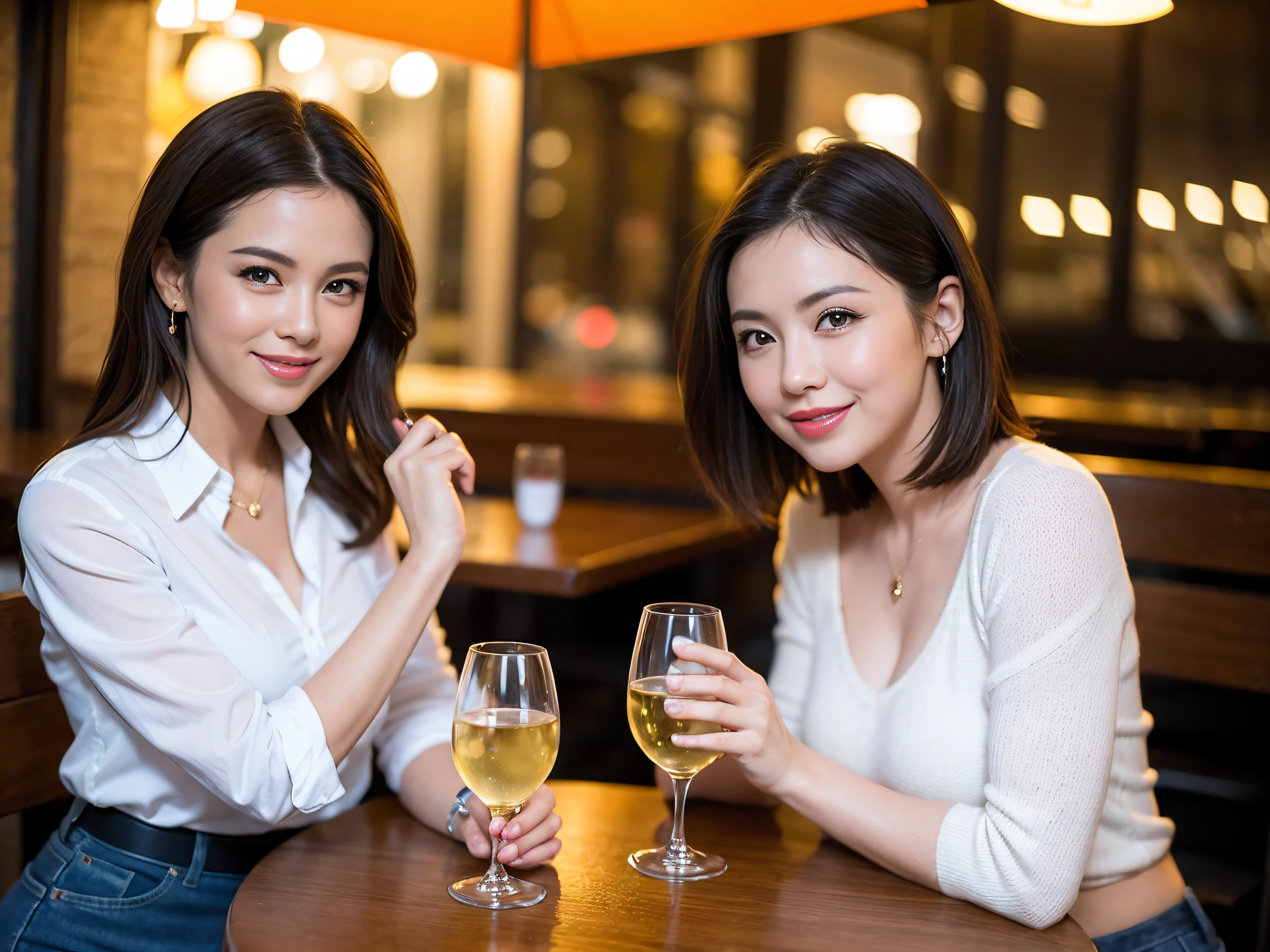 (64K, UHD, top quality, masterpiece: 1.2), (realistic, photorealistic: 1.37), super detailed, pretty woman 1 person, (slim face), (slim body), (brown hair), (short cut), cheeks slightly blushing, (42 years old), 38 years old, solo, beautiful detailed urban night view outside the window, restaurant, wine glasses sit, night, in a prominent place (from the waist up) NovaFrogStyle, Actress, Model, Waist Up, White Wine, Slim, Wine Glass, Super Clean Night View, Wine Glass Put in the Middle, Happy Smile, (Smile: 1.15), Beautiful Fine Eyes, Upper Body, Bust Japan Up, Night, Short, Short, Actress, Model, Waist Up, White Wine, Slim, Wine Glass, Super Clean Night View, Wine Glass Put in the Middle, Happy Smile,