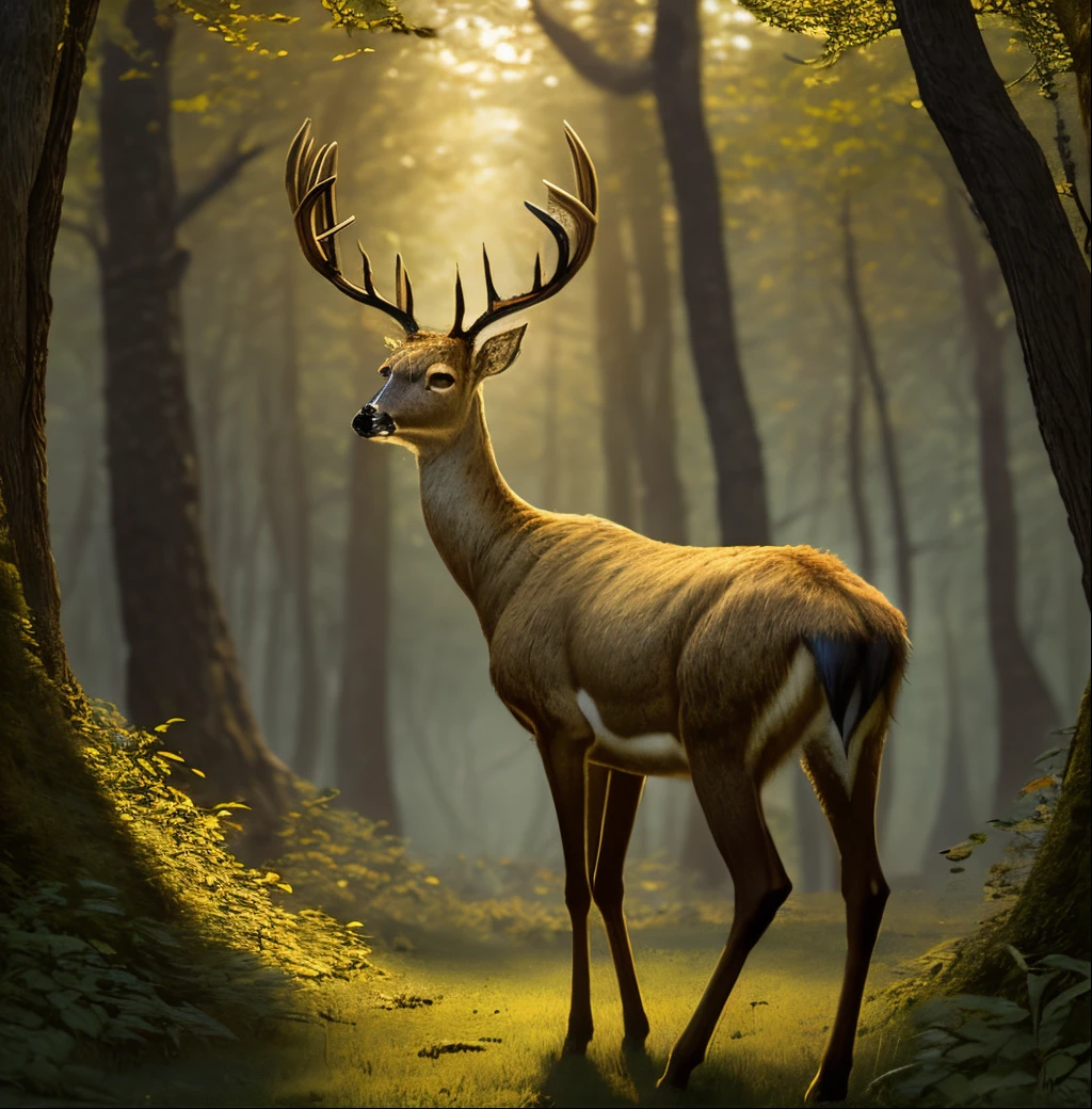 A deer standing gracefully in a serene forest, its coat dappled with sunlight filtering through the leaves. Around its slender neck, a gleaming golden necklace is adorned, and upon it, a warning is etched in delicate script: "Do not touch me."