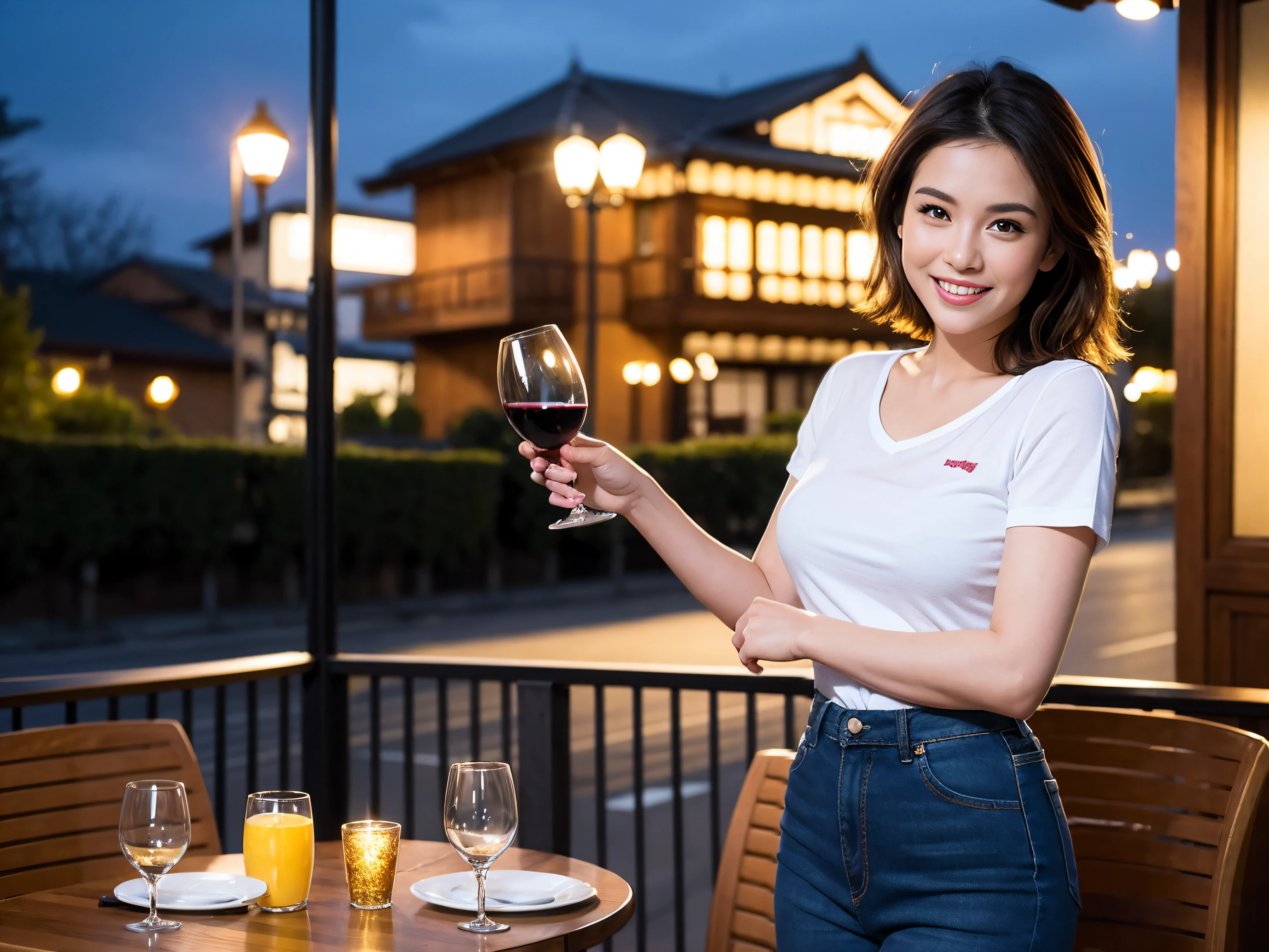 (64K, UHD, top quality, masterpiece: 1.2), (realistic, photorealistic: 1.37), super detailed, pretty woman 1 person, (slim face), (slim body), (brown hair), (short cut), cheeks slightly blushing, (42 years old), 38 years old, solo, beautiful detailed urban night view outside the window, restaurant, wine glasses sit, night, in a prominent place (from the waist up) NovaFrogStyle, Actress, Model, Waist Up, White Wine, Slim, Wine Glass, Super Clean Night View, Wine Glass Put in the Middle, Happy Smile, (Smile: 1.15), Beautiful Fine Eyes, Upper Body, Bust Japan Up, Night, Short, Short, Actress, Model, Waist Up, White Wine, Slim, Wine Glass, Super Clean Night View, Wine Glass Put in the Middle, Happy Smile,