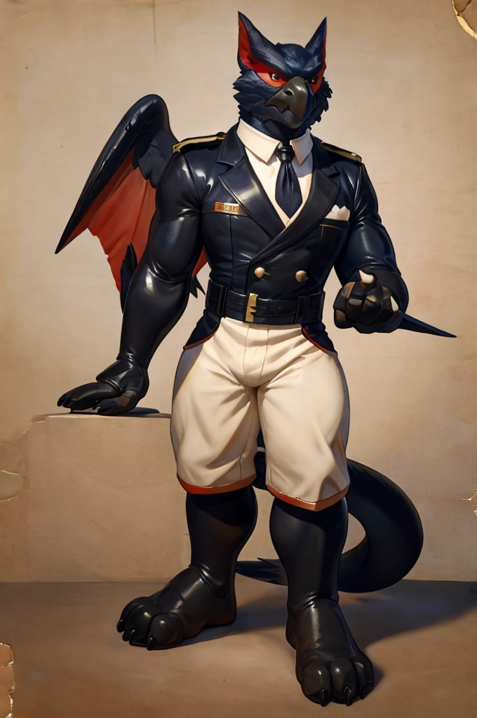 A living inflatable Nargacuga as a German official posing for a portrait, black-red uniform, fingerless gloves, clawed hands, 1900s photograph, feet, big feet, barefoot, 4 toes, 4 big toes,