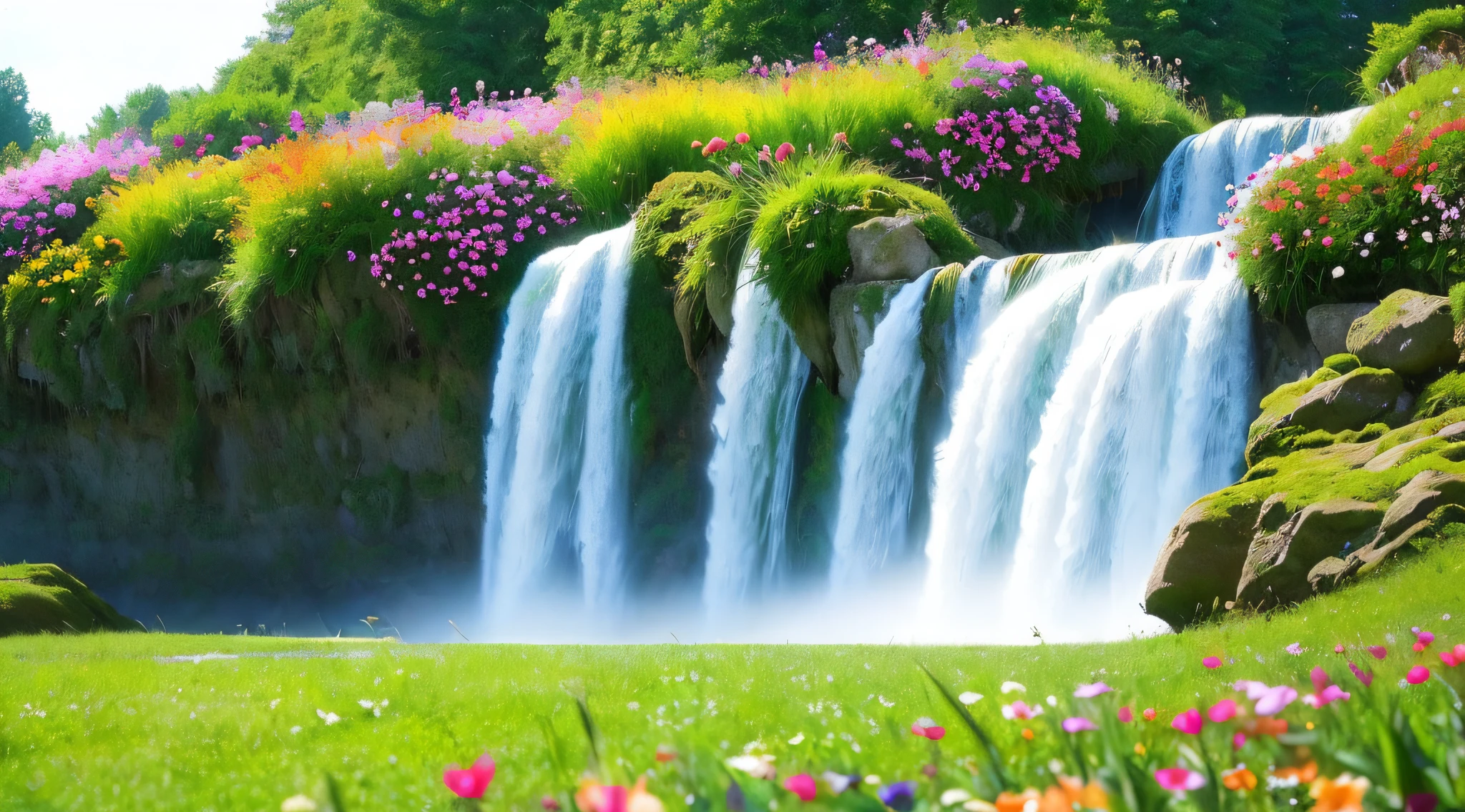 waterfall with colorful flowers and green grass in a park, peaceful beautiful waterfall, flowers and waterfalls, colorful waterfalls, beautiful waterfall, waterfall(beautiful, beautiful stunning waterfall, stunning waterfall, waterfalls, beautiful wallpaper, beautiful nature, amazing wallpaper, waterfall, cascading waterfalls, beatiful backgrounds, waterfall cascades, very beautiful photo, waterfall background, nature wallpaper, amazing background