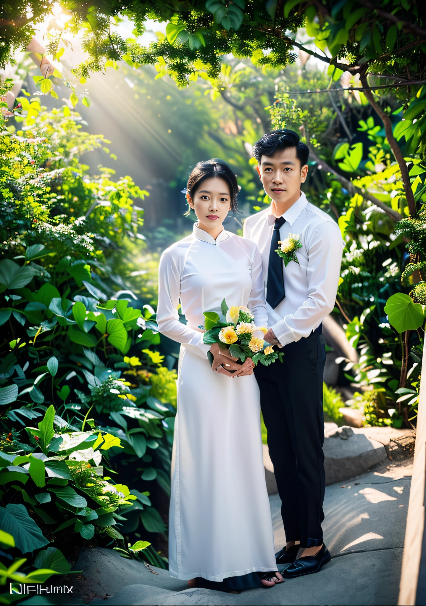 ((masterpiece), (best quality), (raw photo), (photorealistic:1.4), Highly realistic photo, Portrait of couple Vietnamese, ((white shirt, black trousers)), aodai ((black hair)), The light from above shines down, dark blue background, photo taken in 1975 by Fujifilm XT3