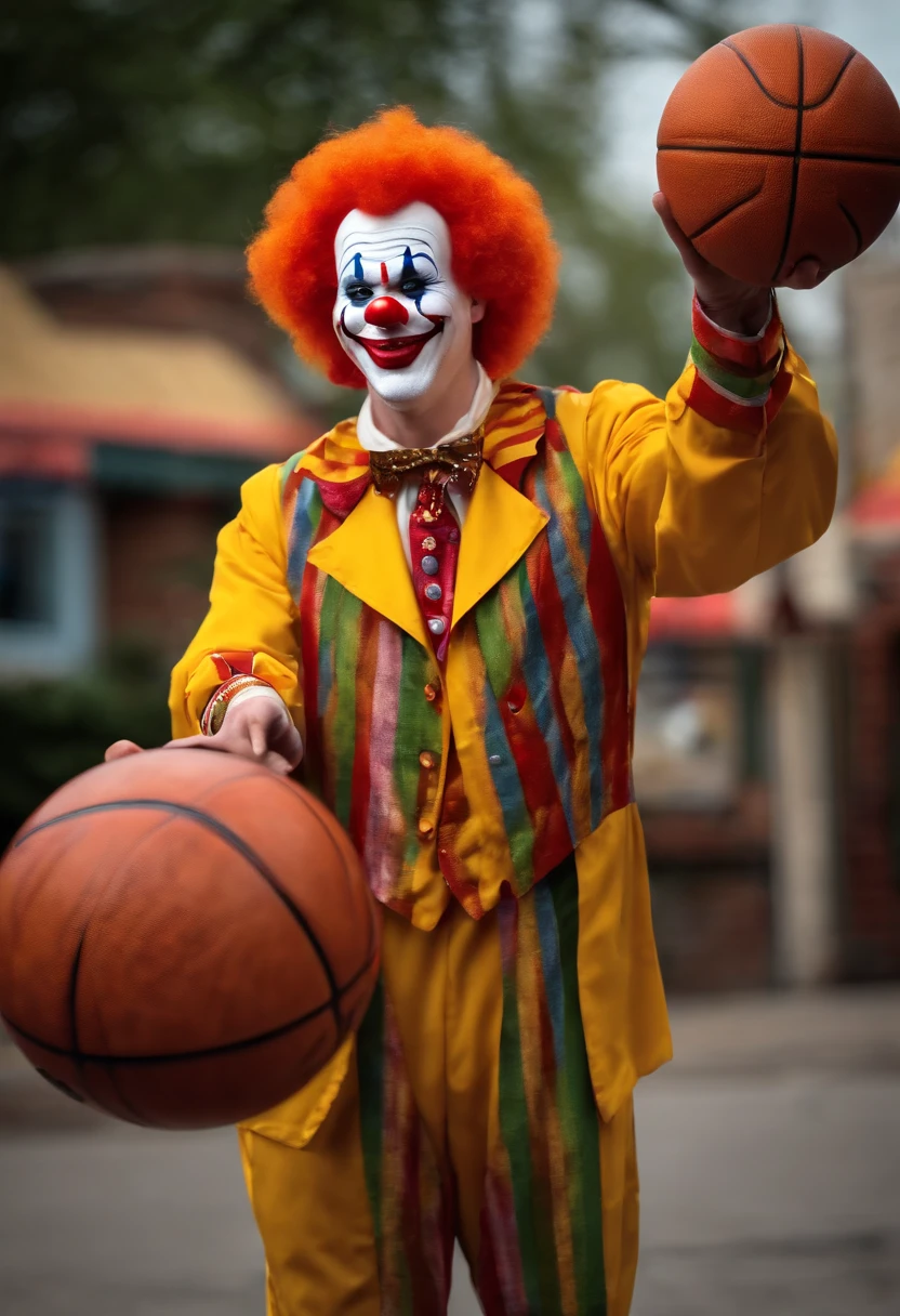 Sleazy McDonalds Clown spinning a basketball on his finger,original,Ronald McDonald, male