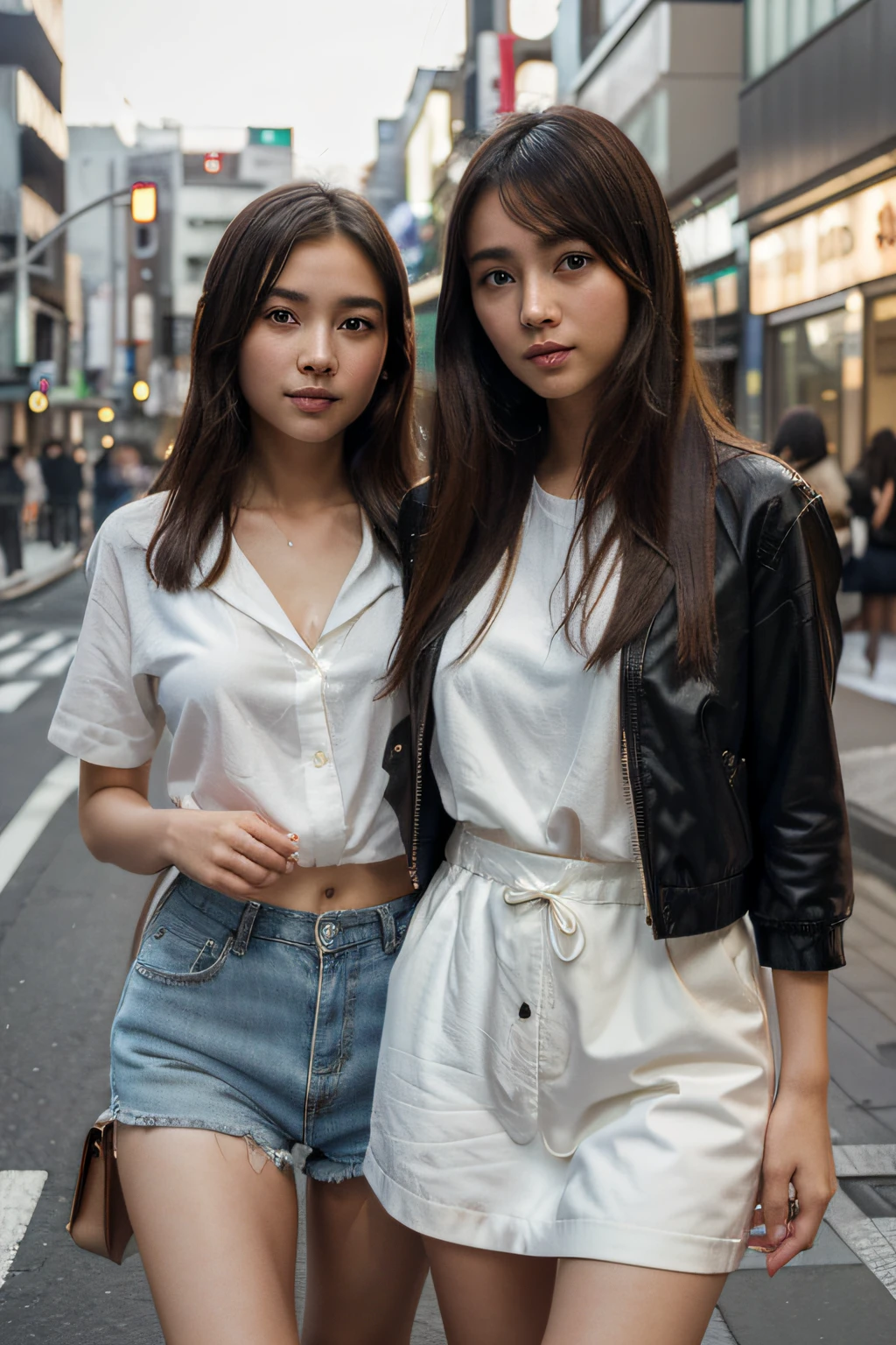 masterpiece, highly detailed, highly realistic, 2girl, photo of two young woman walking in the tokyo street, asian, japanese (photorealistic, photorealism) beautiful cute, dynamic background, (beautiful and aesthetic), bright big eyes, bright glistening skin, clean realistic skin, bright shiny skin, slightly smiling, looking at viewer