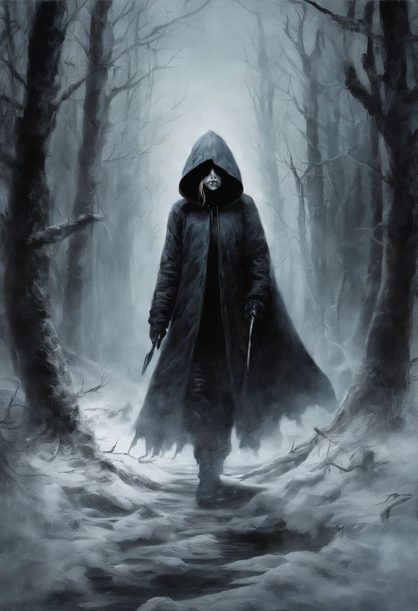 Classic horror painting. Blonde woman with angular face and piercing blue eyes, wearing a bulky old-style hooded parka, walks fearfully toward the viewer through a snow storm in a birch forest at night. BREAK. One ten-foot-tall shaggy black cat with fiery eyes stalks her.