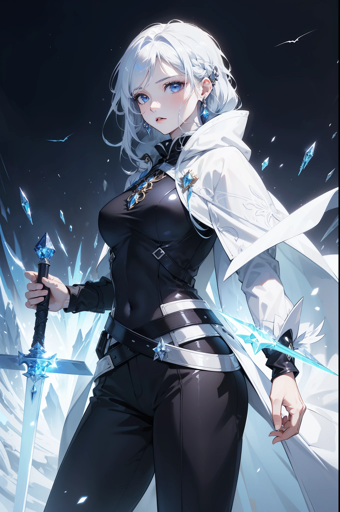 (best quality, high resolution), ultra-detailed, woman, young, 19 years old, swordsman, long white hair, snow-white skin, cold eyes, crystal blue eyes, black uniform with black pants, black clothing, white cape with hood. Crystal loga sword, shiny, (ultra-detailed sword, high resolution, best quality). Earring, crystal bottom