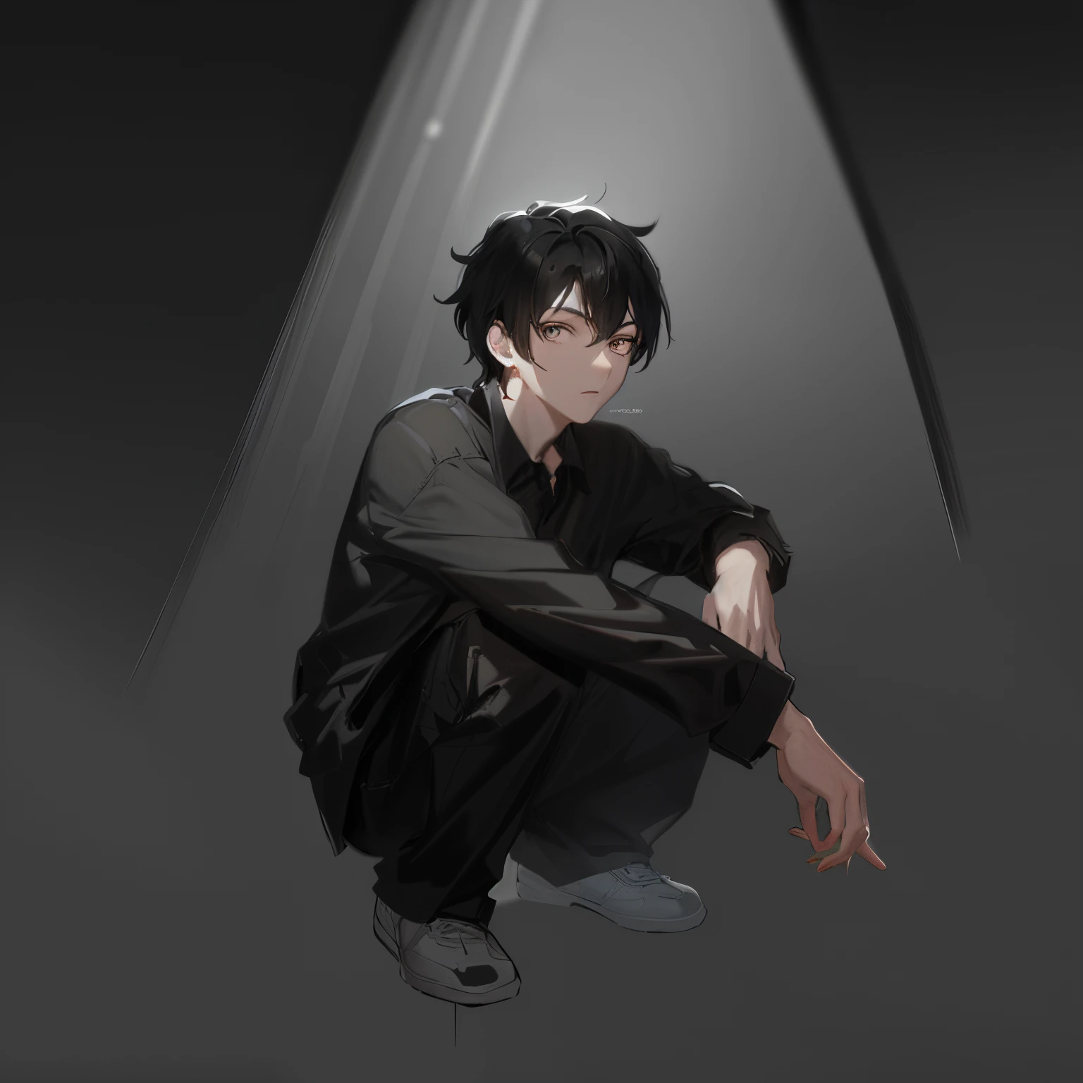 (highres, best quality:1.2), 1boy, black shirt, black hair, clothing fine detail, white background, good lighting, best color shading,