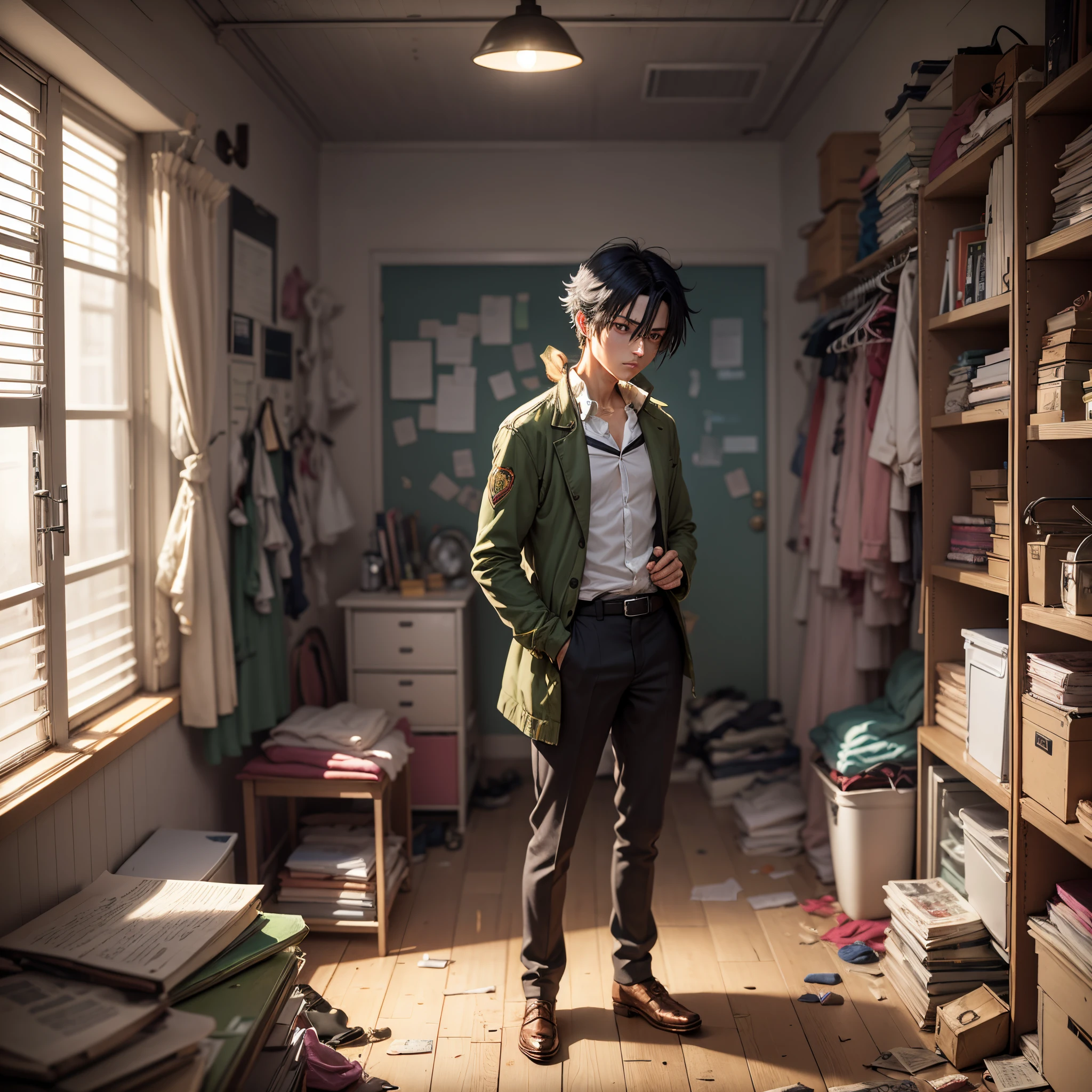 "An anime detective investigating a dimly lit, cluttered room, searching for clues to a dark mystery." --auto --s2