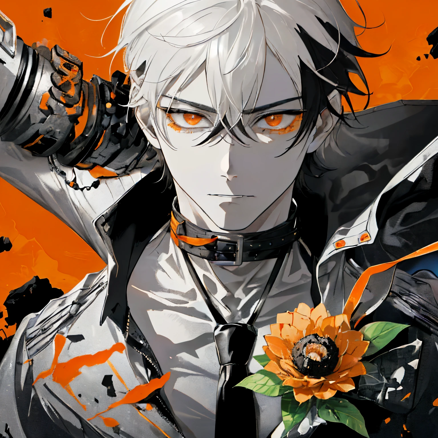 ((A ruined city full of rubble)),(After the war),((Vast landscape full of rubble)),(boy wearing tattered clothes),((jet black and orange)),(Lifeless eyes),((Stunned)),((Stare blankly here)),(Mouth slightly open),((Orange eyes)),((Monochrome world)),((Black,Gray,reddish)),((Necklace and ring decorated with many orange gemstones)),((Holding a flower in hand)),(Sharp eye light),(((Adult male))),(close up of face),((durable collar and leash))