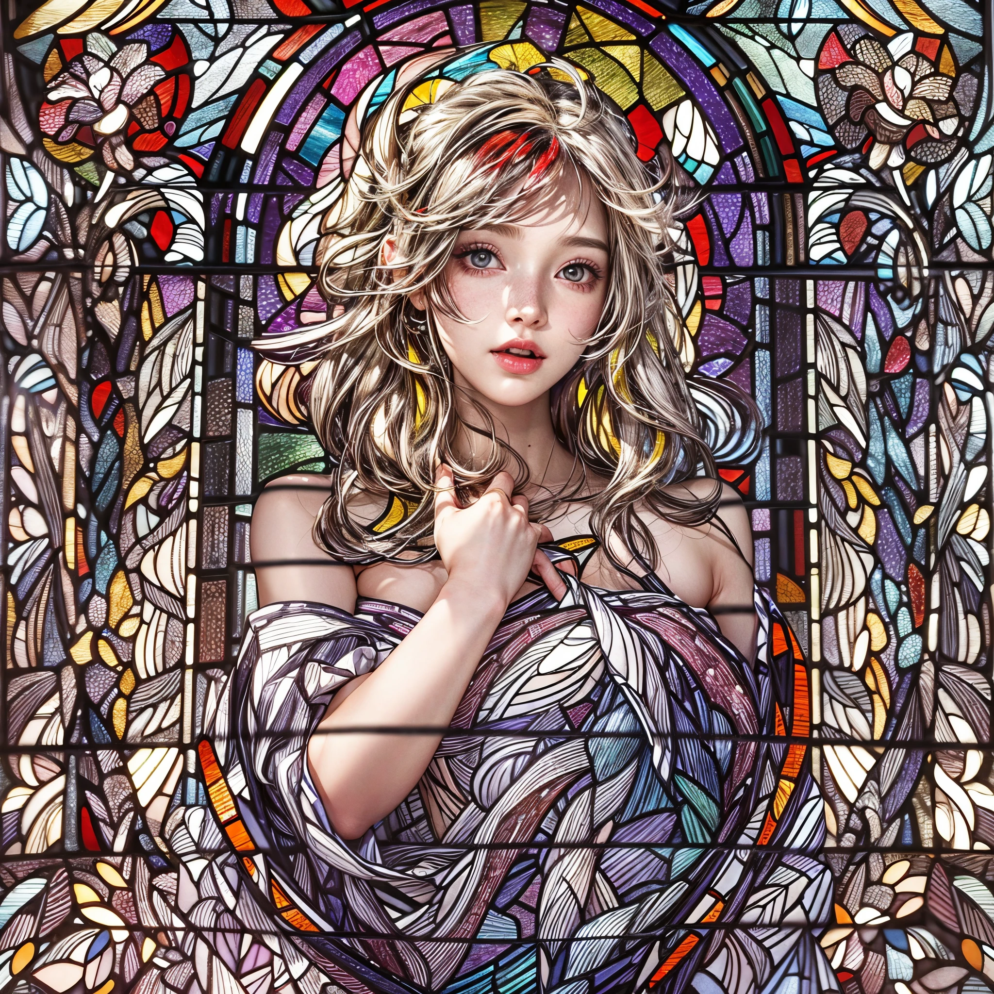 (stained glass Background, Masterpiece, White and vivid colors, (Exposed:1.2), (nipple:-0.9)), (9 sexy junior idols in row), ((face variations, Hair variations)), { Navel | Ass }, portrayed in the best quality and high resolution. The image should be ultra-detailed, realistic, and photorealistic with a touch of rawness. concept art. The color tone should be vibrant and vivid, enhancing the overall visual impact. (Whole Body proportions and all limbs are anatomically accurate), (Vivid Colorful light shines through the delicate stained glass).