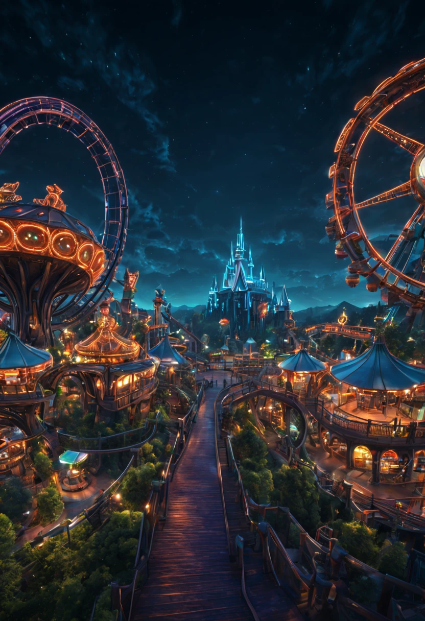 (alien theme park), night, (best composition), ultra-wide-angle, octane render, enhance, intricate, (best quality, masterpiece, Representative work, official art, Professional, unity 8k wallpaper:1.3)