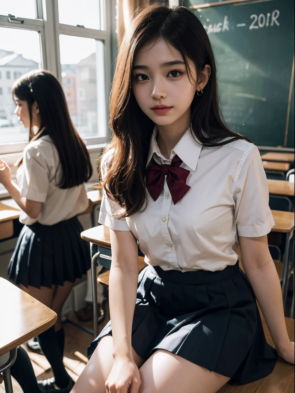 absurderes, Raw photo, Extremely delicate and beautiful,cute little、 A smile、１２age、hi-school girl、masutepiece, Best Quality, Ultra High Resolution, 16 K, hyper realisitic, Ultra-detailed, (Perfect Anatomy), super detailed skin, Perfect figure, Very detailed CG 8k wallpaper, in her 20s, Very slim body, Narrow waist, small head, a small face, Delicate facial features, tear moles, Earring, thin legs, (very massive round chest), ((3 girls)), Full body shot, Twin-tailed, (((School uniform))),