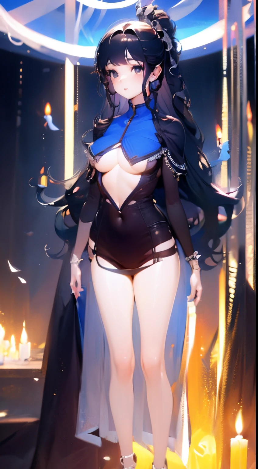 Estilo anime, noite, Sala de estar, Mulher adulta frontal, sorriso malicioso, Velas, cadeira.