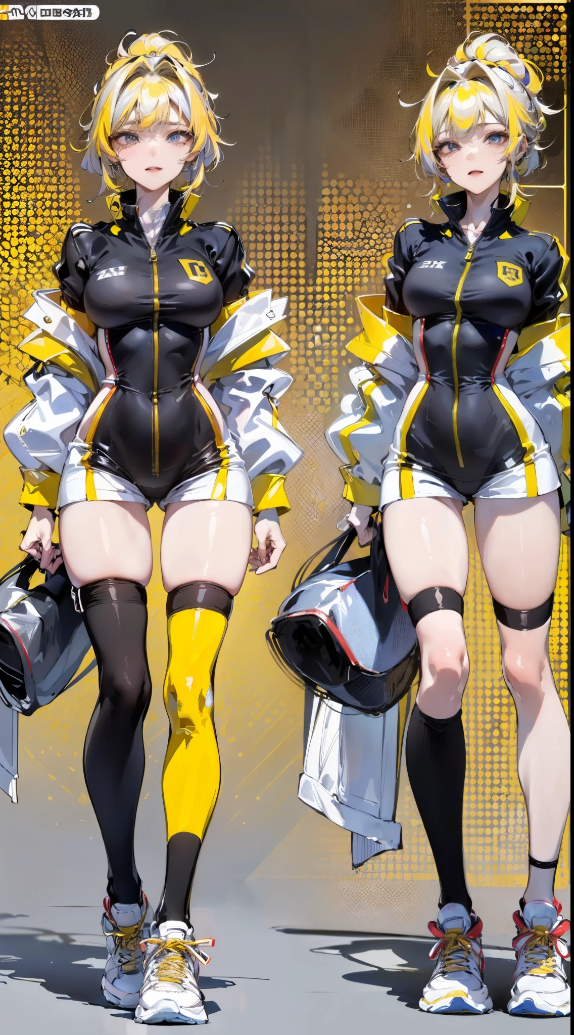 20yr old,solid color backdrop,(Beutiful women, long leges:1.5),(Slender body proportions), (Best quality at best, 4K, 8K, A high resolution, tmasterpiece:1.2), ultra - detailed, (solid color backdrop:1.37), Moderate chest size, Happy expression, Sports student uniform with sneakers