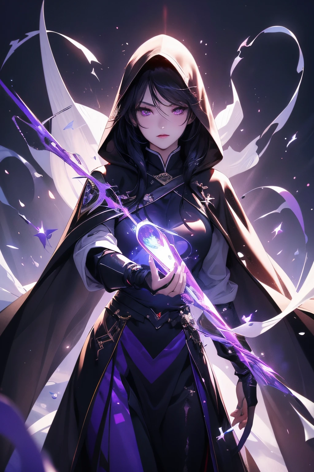 (best quality, high resolution), ultra-detailed, woman, young, 19 years old, long flowing black hair, snow-white skin, calm eyes, emotionless, glowing purple eyes, long black uniform, black cape with hood, fireball purple floating in hand. purple light background