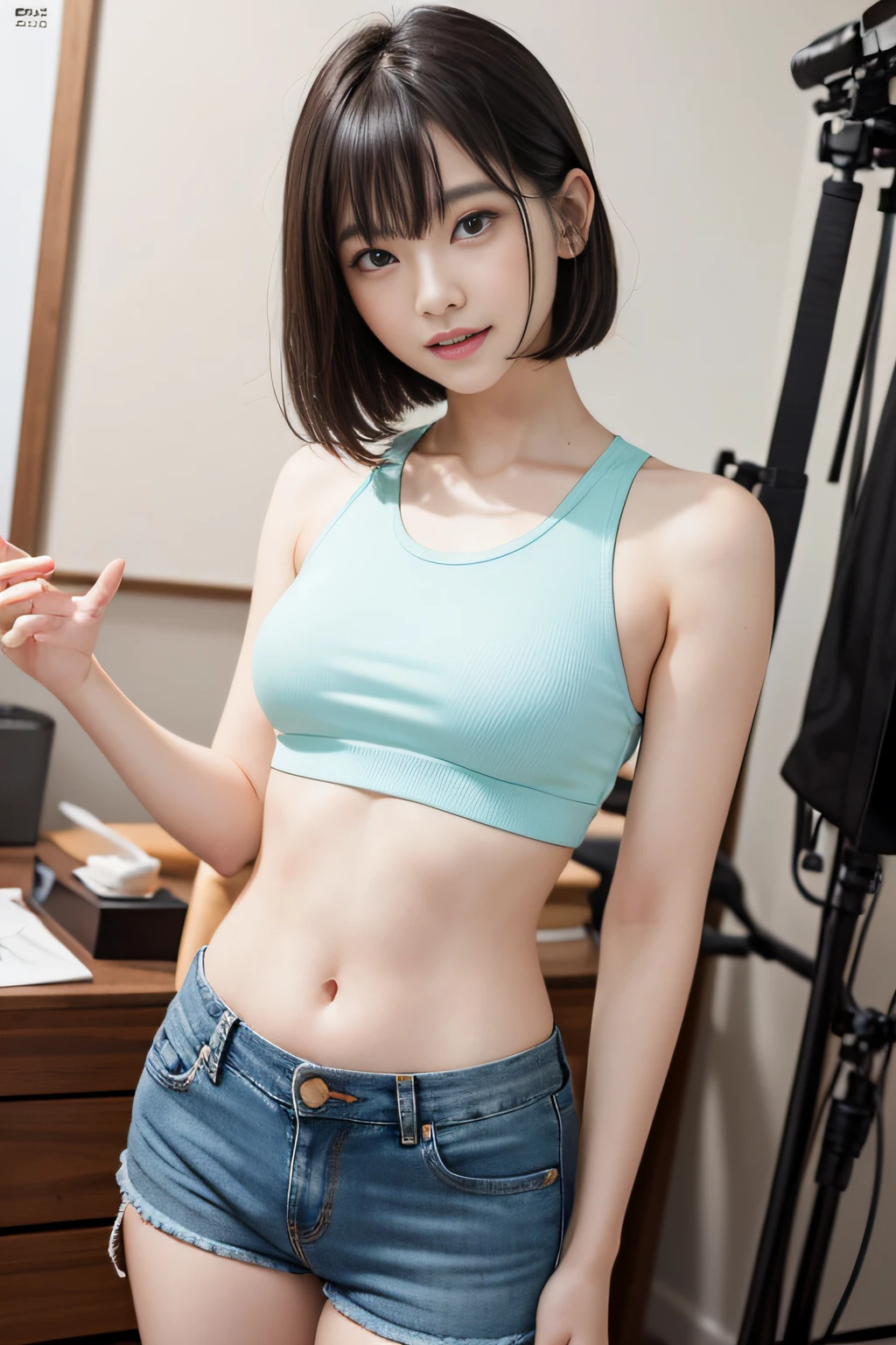 (girl with:1.3), Short hair, Amazing face and eyes, Looking at the camera, Smile full of joy、The emergence of temptation、show teeth、open one's legs、Warping the body、Put one hand on your hip、Show off your biceps、Show the armpits、(Tank tops in bright colors、denim hot-pants:1.2)、(Best Quality:1.4), extremely detailed CG unified 8k wallpaper, Highly detailed, High-definition raw color photos, professional photograpy, Realistic full-body shots, Filming in the studio、Plain wallpaper, sexy portrait of girl, Open exterior