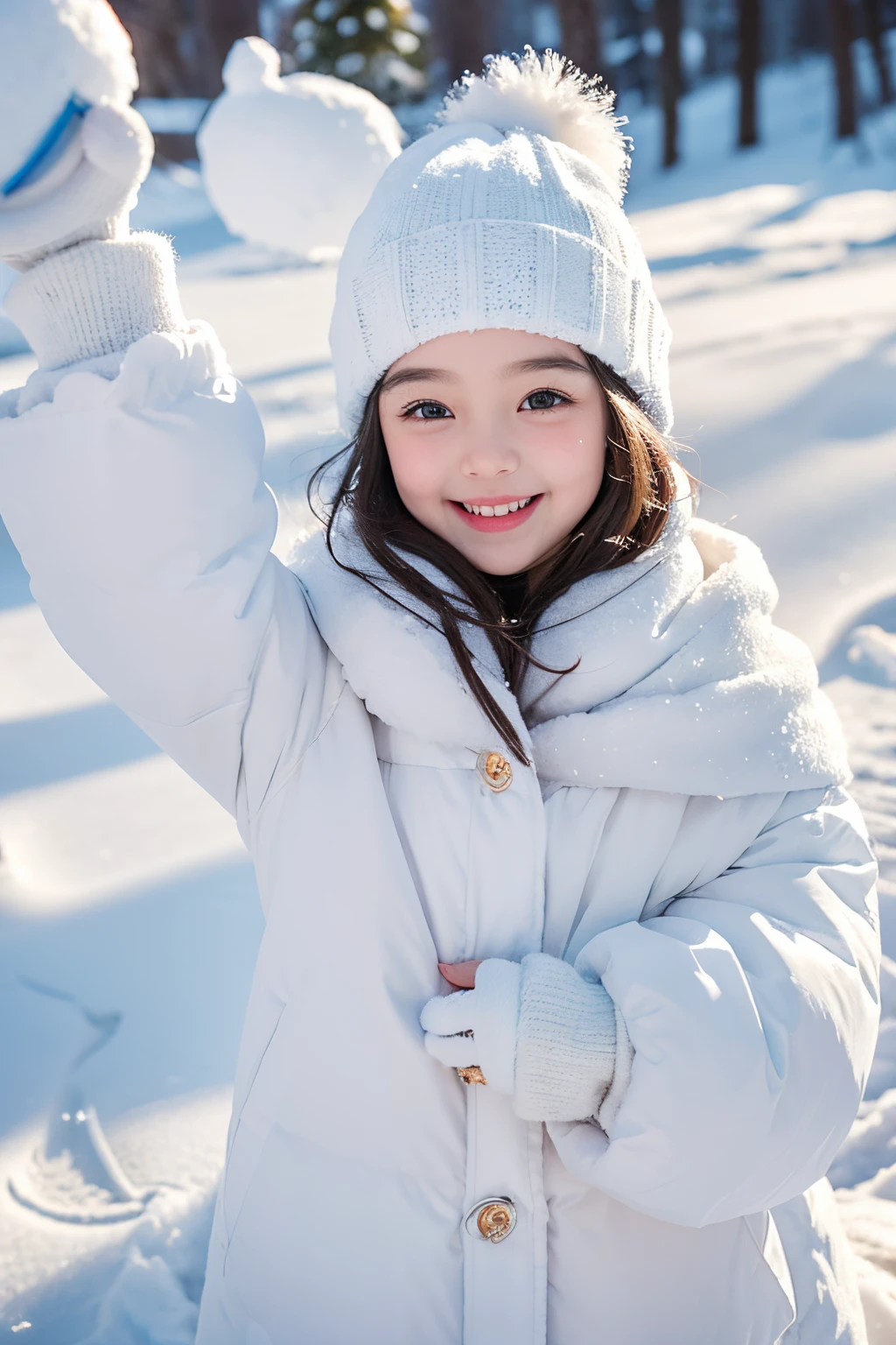 a playful 5--old l, throwing snowballs,snowy winter scene,cheerful and energetic,smiling face,sparkling eyes,warm winter clothing,rosy cheeks,lively action,fluffy snowflakes,detailed snowball formation,crisp and clear details,snow-covered trees and ground,happy and carefree atmosphere,vibrant colors,high resolution,professional winter photography lights