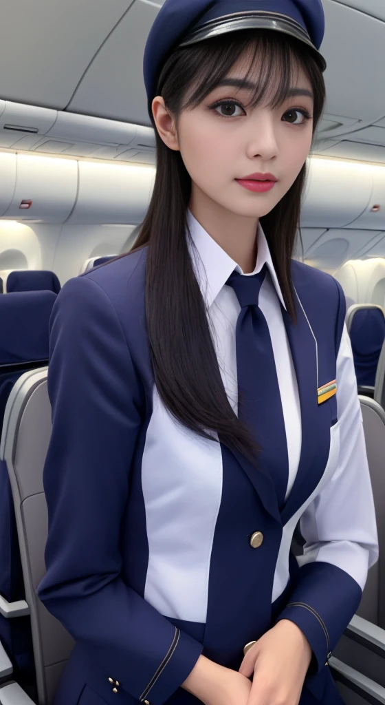 1Japanese woman, Solo, 30-years old, hyperdetailed face, Detailed lips, A detailed eye, Double eyelid eyes, (Black bob hair, Like an airplane stewardess, Do a good job), (Like an airplane stewardess:1.2), (Do a good job:1.2), (Navy single color stewardess uniform:1.4), (wear a stewardess hat with a small brim:1.2), (Modest:1.2), Perfect image realism, Background with: (Business Class aisle on airplanes:1.2), 细致Background with, detailed costume, Perfect litthing, Hyper-Realism, (Photorealistic:1.4), 8K maximum resolution, (masterpiece), Highly detailed, Professional