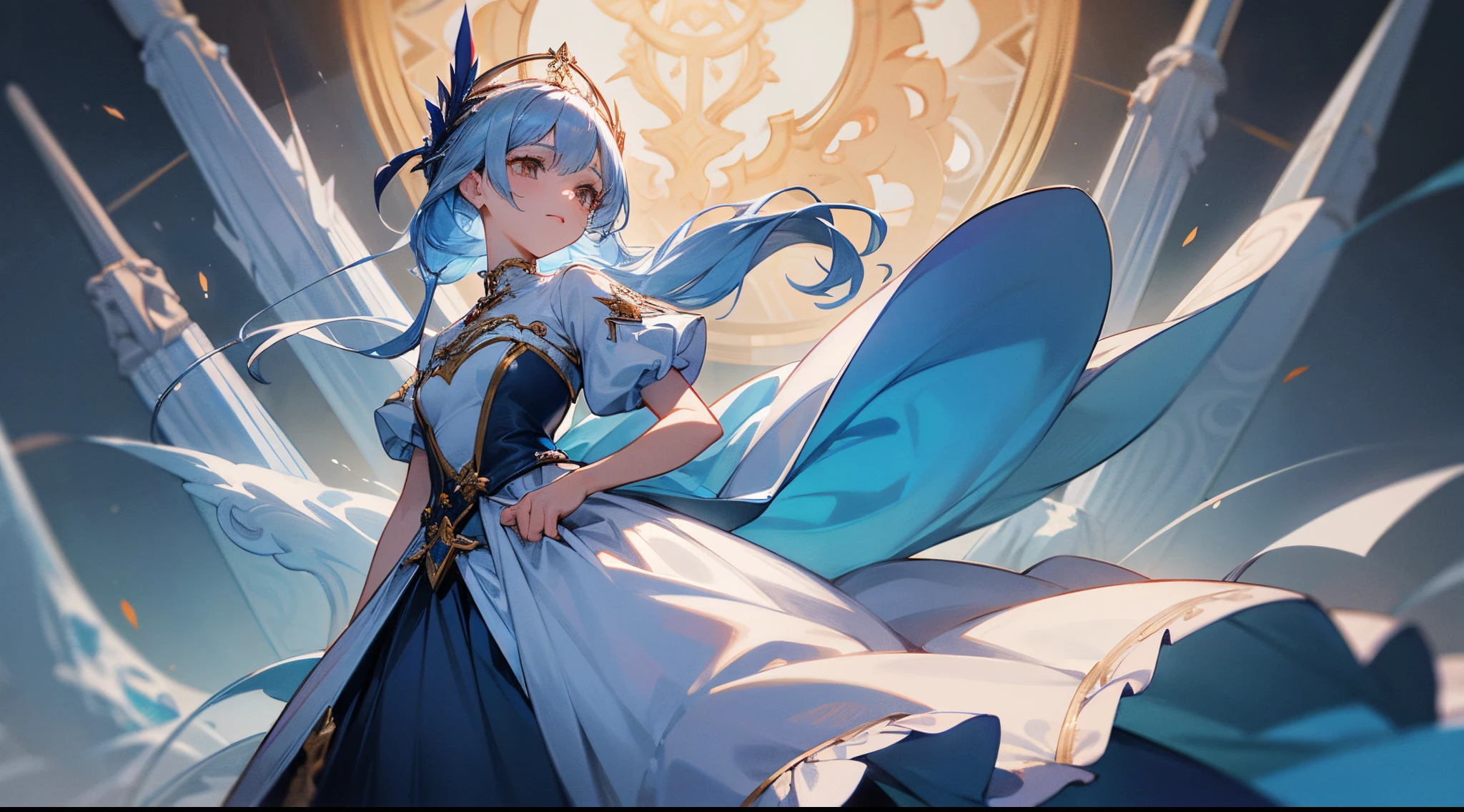 one-girl，blue hairs，With a little bit of white hair，ssmile，self-assured，adolable，elegant，renaissance french background，Gorgeous gowns from French opera，Best quality at best，Ultra-high sharpness，detail-rich，quadratic element，《the original god》game characters，Ferina，Fkarus，Water god，Normal hands，exquisite costumes，8k ultra high definition，More《the original god》element in