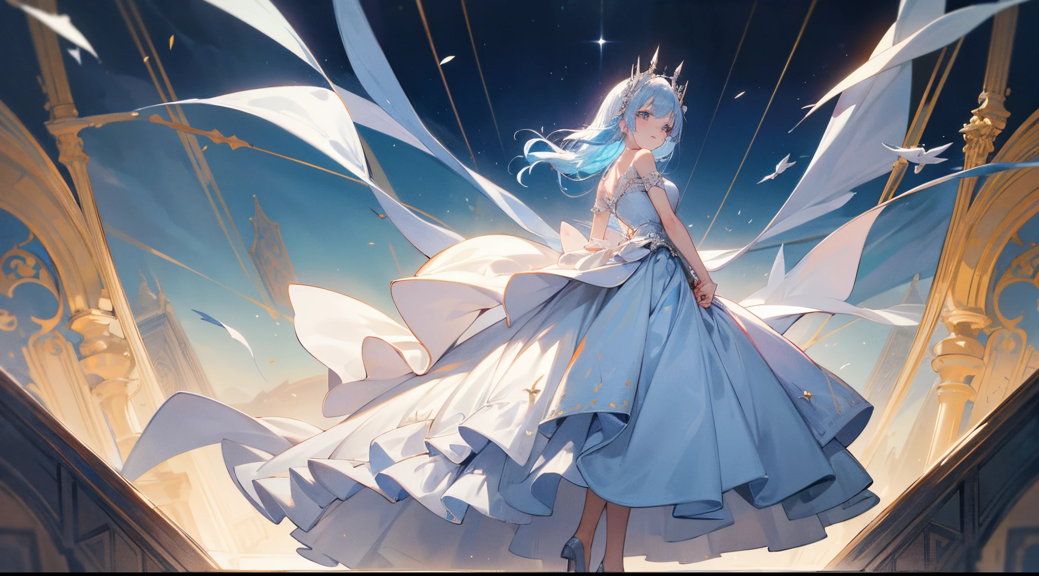 one-girl,blue hairs,With a little bit of white hair,ssmile,self-assured,adolable,elegant,renaissance french background,Gorgeous gowns from French opera,Best quality at best,Ultra-high sharpness,detail-rich,quadratic element,《the original god》game characters,Ferina,Fkarus,Water god,Normal hands,exquisite costumes,8k ultra high definition,More《the original god》element in