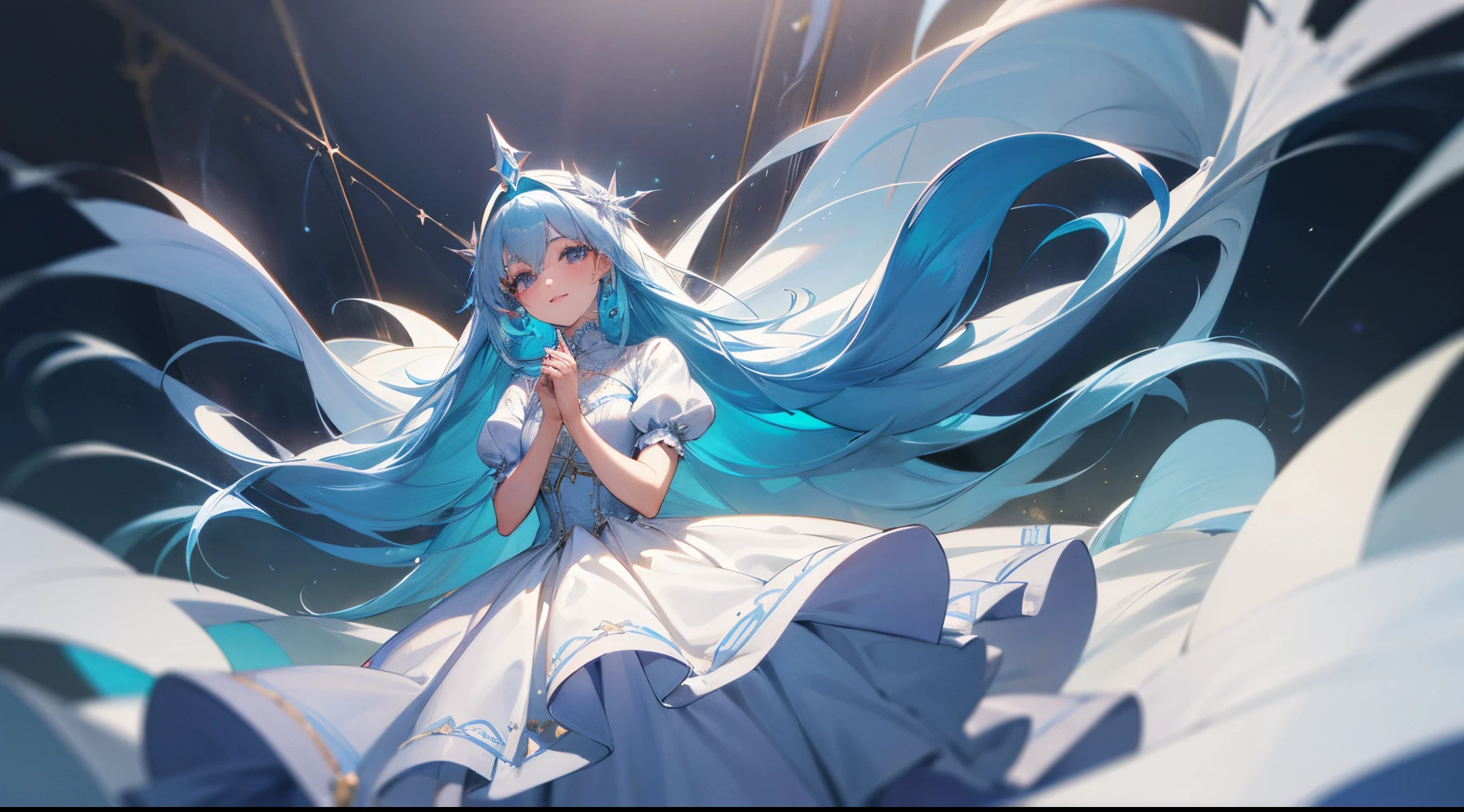 one-girl，blue hairs，With a little bit of white hair，ssmile，self-assured，adolable，elegant，renaissance french background，Gorgeous gowns from French opera，Best quality at best，Ultra-high sharpness，detail-rich，quadratic element，《the original god》game characters，Ferina，Fkarus，Water god，Normal hands，exquisite costumes，8k ultra high definition，More《the original god》element in