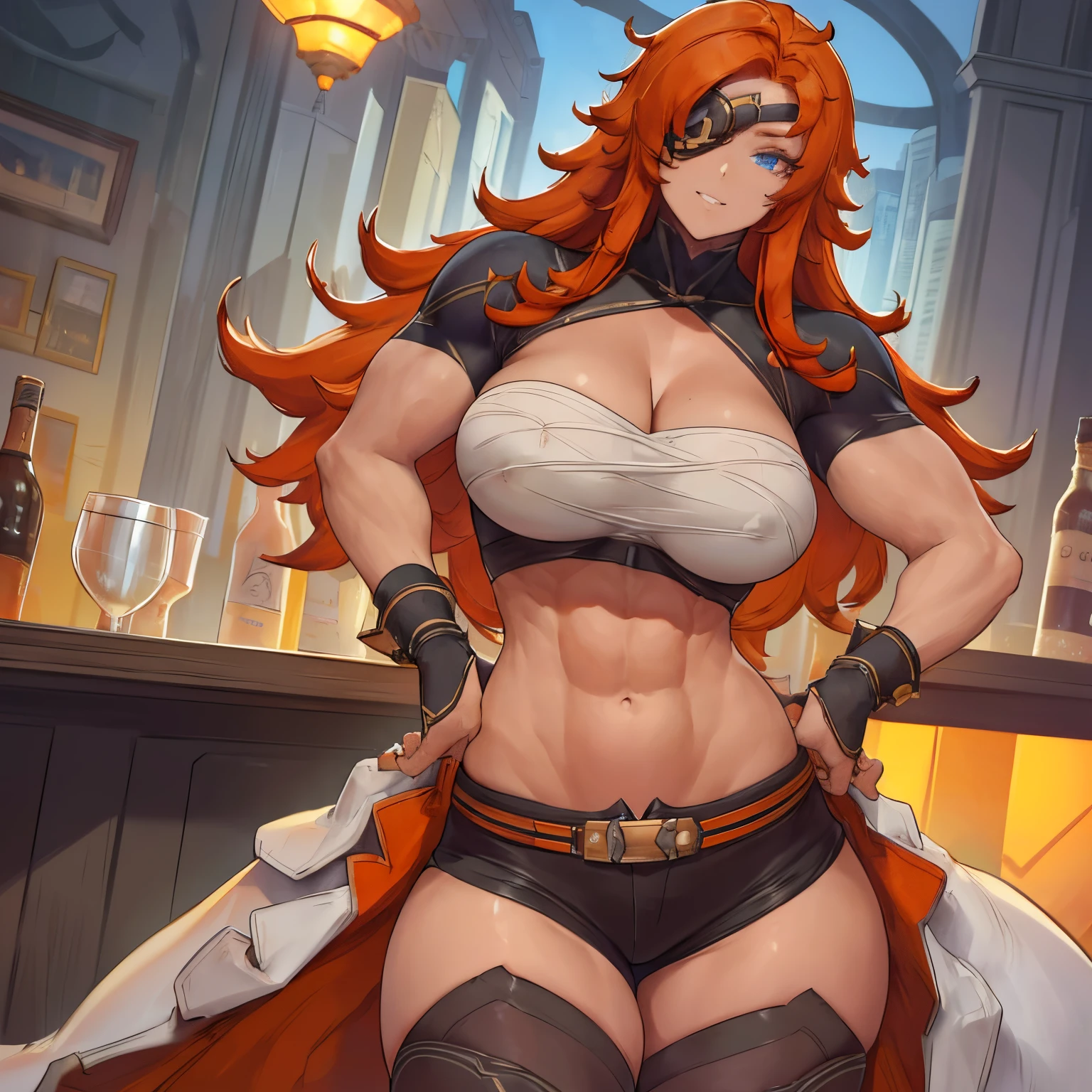 ((Asher)), (masterpiece:1.2, best quality), realistic, (real picture, intricate details, depth of field), ((1girl:1.2)), highly-detailed, gorgeous perfect face, (skindentation), thick thighs, (wide hips), average waist, tall, ((long orange hairs)), eyepatch, beautiful blue eyes, high heels, night, standing at a bar, blushing, looking at viewer, midriff, confident smile, muscular woman, toned body, Full body, white bandages around breasts, bare arms, cleavage, black shorts, voluptuous, huge breasts