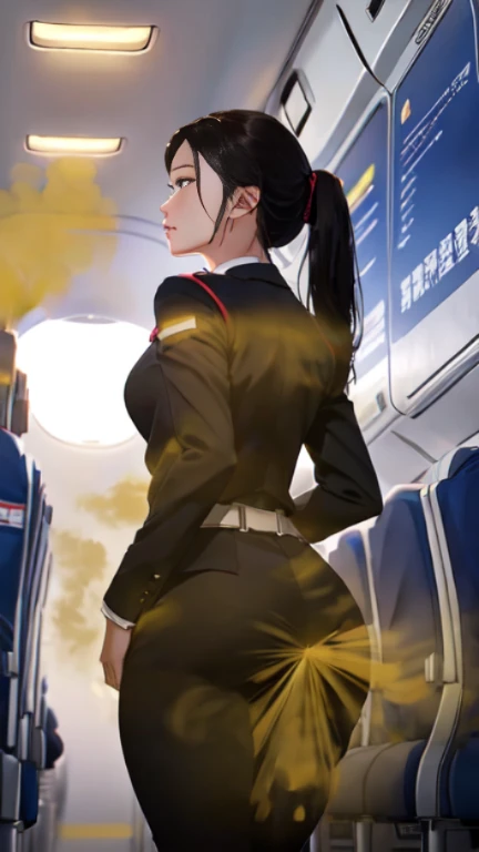 ((velocity)),Yellow smoke,Attacked by farts, (((Women farting))),(girl farting while walking down the aisle of the plane)),frowned,velocity,(Yellow smoke is rising))(a female air hostess), (wearing a flight attendant uniform),(stand facing the screen),(her butt facing the screen)) (ponytail black hair),(Asian woman),(inside airplane),(masterpiece:1.2、top-quality)、(the Extremely Detailed CG Unity 8K Wallpapers、ultra-detailliert、Best Shadows)、(细致背景)、(The best lighting、extremely delicate and beautiful)、depth of fields、1girl in、独奏