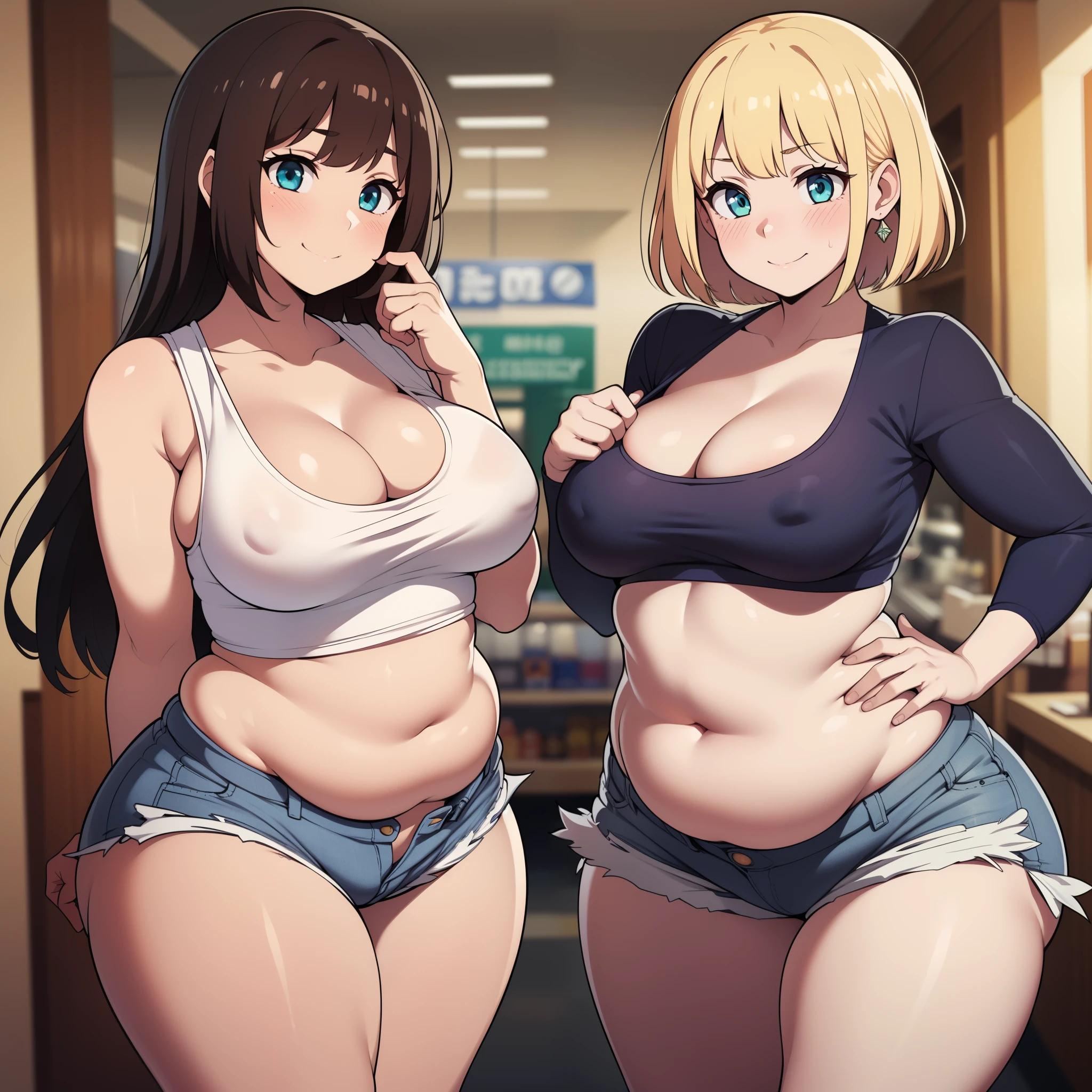 ((high res)), (Masterpiece), perfect anatomy, perfect shading, field of depth, (best quality), extremely delicate and beautiful, perfect lighting, detailed face, ultra cute face, cute, (cowboy shot 1.2), full body, (((2girls))), ((2 girls 1 and 2))
Girl 1: has long hair, fluffy hair, blonde hair, blue eyes, (blush), embarrassed, (crop top 1.2), (jean shorts 1.2), extremely tight clothes, medium breasts, cleavage, perky breasts, ((wide hips)), (thick thighs), (chubby), pudgy belly, fat rolls, belly hang,
Girl 2: has short hair, fluffy hair, brown hair, green eyes, pale skin, (blush), aroused, seductive smile, (white tank top 1.2), (jeans 1.2), extremely tight clothes, medium breasts, cleavage, perky breasts, (((wide hips))), ((thick thighs)), (plump), chubby belly, fat rolls, belly hang, she has a jiggly belly,
grocery store, intricate background, detailed background, girls are standing next to each other,