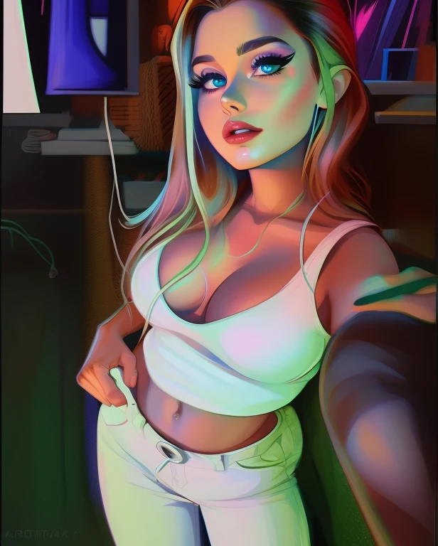 front view, samus aran, large breast, big ass, source_anime, apartment, view from the window of residential buildings, long hair, straight hair, blondie, holds tablet in hand, holds tablet, thoughtful expression face, naked, full naked, at night, night outside the window, gotic neon, detailing face, detailing body, athletic body