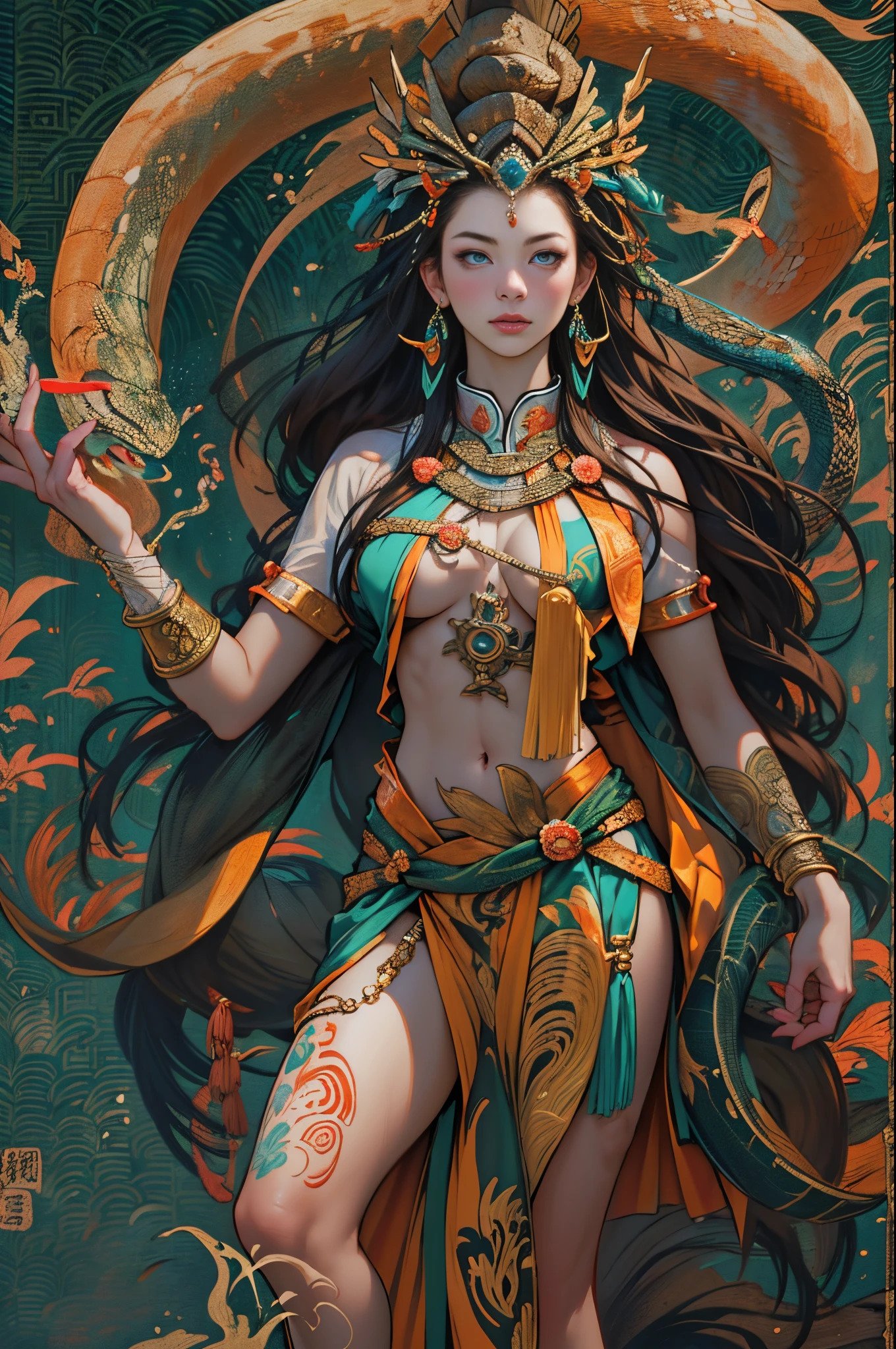 Depict an ancient goddess of creation,Nu wa,She is the goddess of creation in Chinese mythology。(goddess with human body and snake tail:1.5,snake tail:1.5),This is a great image of the goddess that has been handed down from the matriarchal clan period of primitive society。Deep background,absurderes,Fantastic and incredible,Epic composition,(Complicated details,Hyper-detailing:1.2),Ultra photo realsisim, epic realistic, ((com cores neutras)),(pastel colour:1.2), Hyper-realistic, + cinema shot + Dynamic composition, Incredibly detailed, Sharpen, Cinematic, warm lights, Light effect, Dramaticlight, (Intricate details:1.1), the complex background, (greg rutkovsky:0.8), (Teal and orange:0.3)Epic, Detailed face, Detailed eyes,fully body photo,Fly in the sky,graceful stance,correct hand,(Intricate and intricate parts:1.1),Barefoot,The image of the Great Goddess,