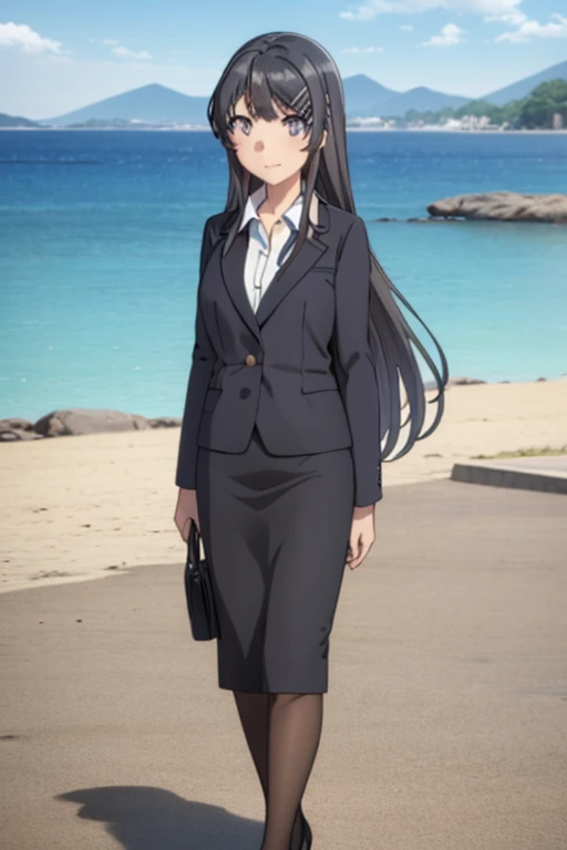 1girl, mai sakurajima, beach background, suit, office lady, black skirt, black blazer, pencil skirt, white shirt, long hair, teenager, looking at viewer, full body, smiling,