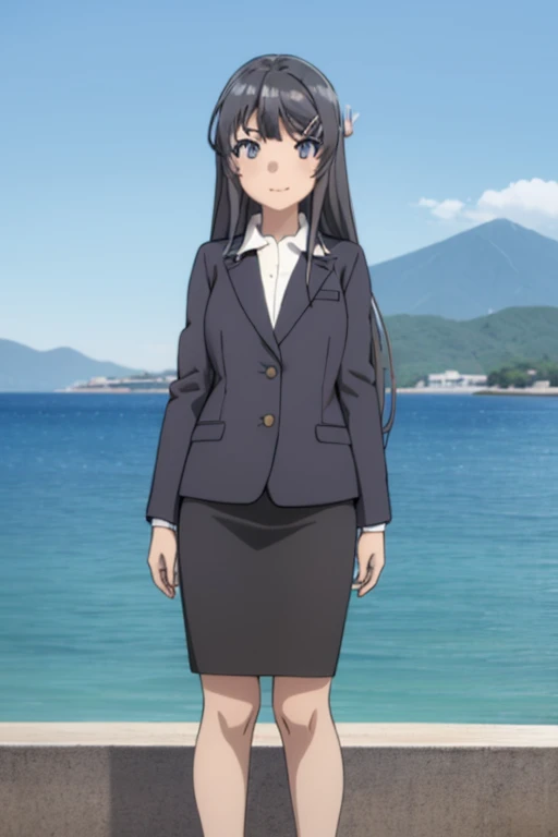 1girl, mai sakurajima, beach background, suit, office lady, black skirt, black blazer, pencil skirt, white shirt, long hair, teenager, looking at viewer, full body, smiling,