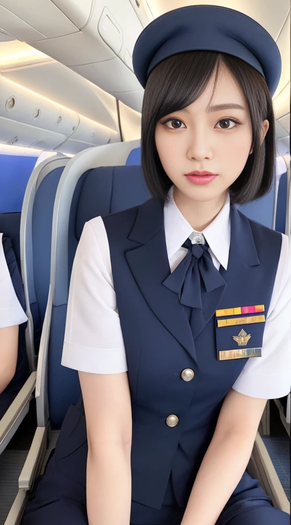 1Japanese woman, Solo, 30-years old, hyperdetailed face, Detailed lips, A detailed eye, Double eyelid eyes, (Black bob hair, Like an airplane stewardess, Do a good job), (Like an airplane stewardess:1.2), (Do a good job:1.2), (Navy single color stewardess uniform:1.4), (wear a stewardess hat with a small brim:1.2), (Modest:1.2), Perfect image realism, Background with: (Business Class aisle on airplanes:1.2), Meticulous background, detailed costume, Perfect litthing, Hyper-Realism, (Photorealistic:1.4), 8K maximum resolution, (masterpiece), Highly detailed, Professional