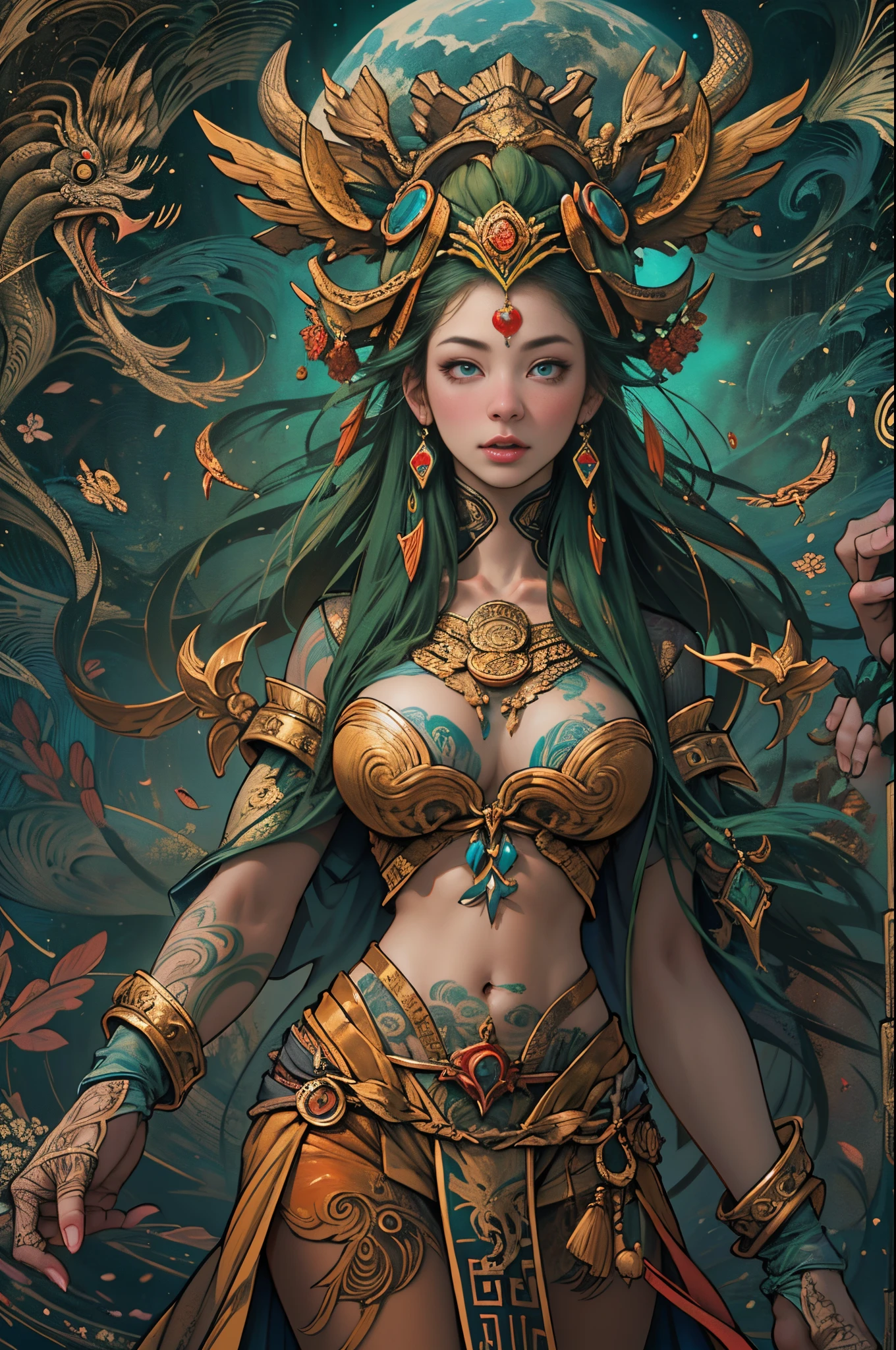 Depict an ancient goddess of creation,Nu wa,She is the goddess of creation in Chinese mythology。(goddess with human body and snake tail:1.5,snake tail:1.5),This is a great image of the goddess that has been handed down from the matriarchal clan period of primitive society。Deep background,absurderes,Fantastic and incredible,Epic composition,(Complicated details,Hyper-detailing:1.2),Ultra photo realsisim, epic realistic, ((com cores neutras)),(pastel colour:1.2), Hyper-realistic, + cinema shot + Dynamic composition, Incredibly detailed, Sharpen, Cinematic, warm lights, Light effect, Dramaticlight, (Intricate details:1.1), the complex background, (greg rutkovsky:0.8), (Teal and orange:0.3)Epic, Detailed face, Detailed eyes,fully body photo,Fly in the sky,graceful stance,correct hand,(Intricate and intricate parts:1.1),Barefoot,The image of the Great Goddess,