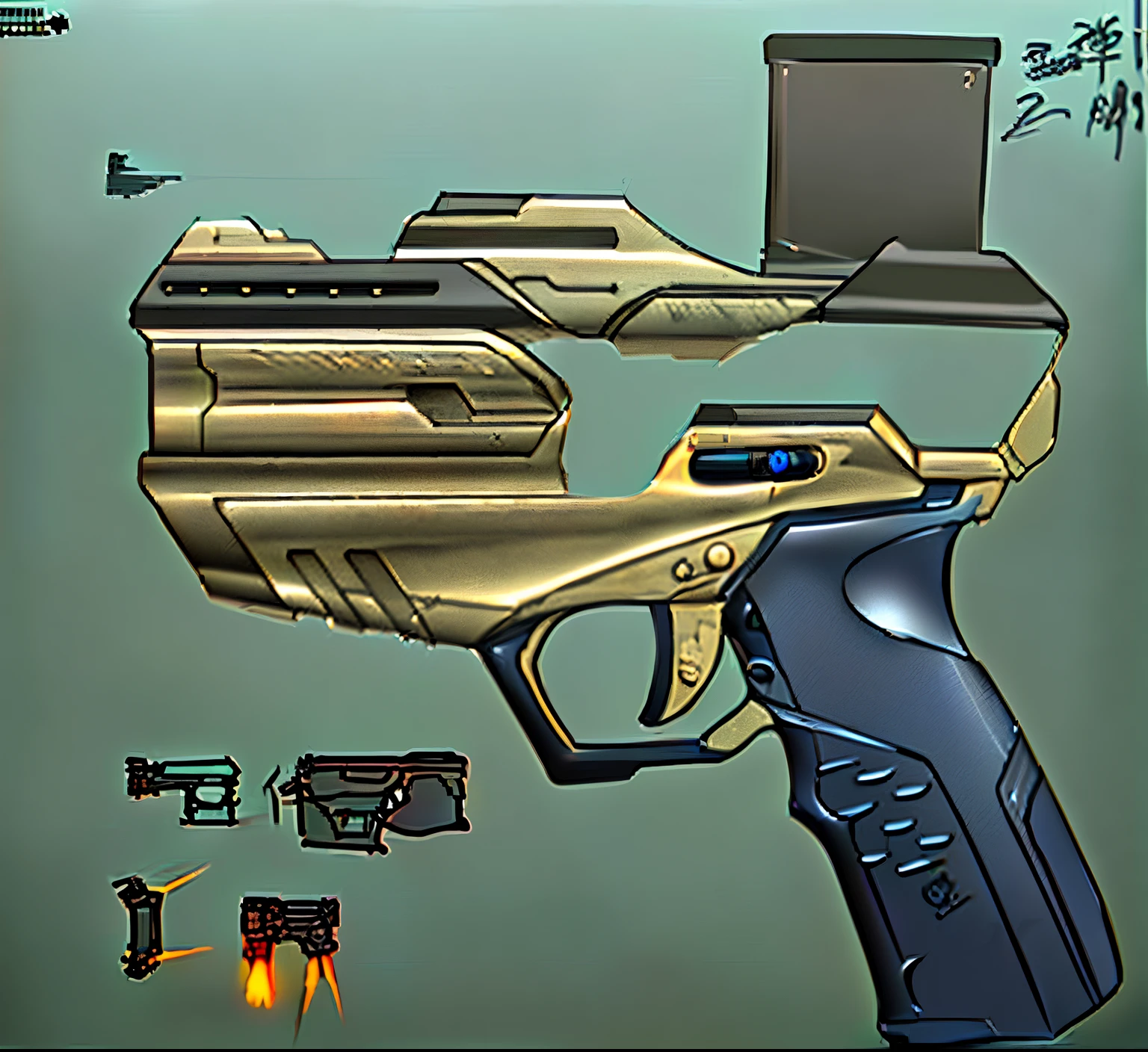 Picture of a gun with a cup on it, weapon design, Realistic gun design, fps game concept art, futuristic pistol, Future gun, high quality sketch, Gun Art Reference, weapon concept art, Realistic weapons, futuristic weapon, sci - fi weapon, prop design, concept sketches, inspired by Leng Mei, Concept art sketch, conceptual drawing, weapon concept art