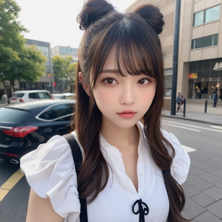 masutepiece, 1 girl in、Best Quality, Ultra-detailed, finely detail, hight resolution, 8K Wallpaper, Perfect dynamic composition, Beautiful detailed eyes, Kiss Face, Women's Fashion, Eyes closed, Natural Color Lip, twin-tail hair. Bold sexy poses, Harajuku、17 years old girl、Cute、Sexy shot looking at camera,