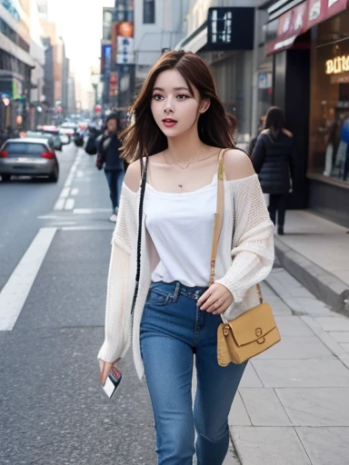 A young woman walks along a busy street but she is the prettiest.