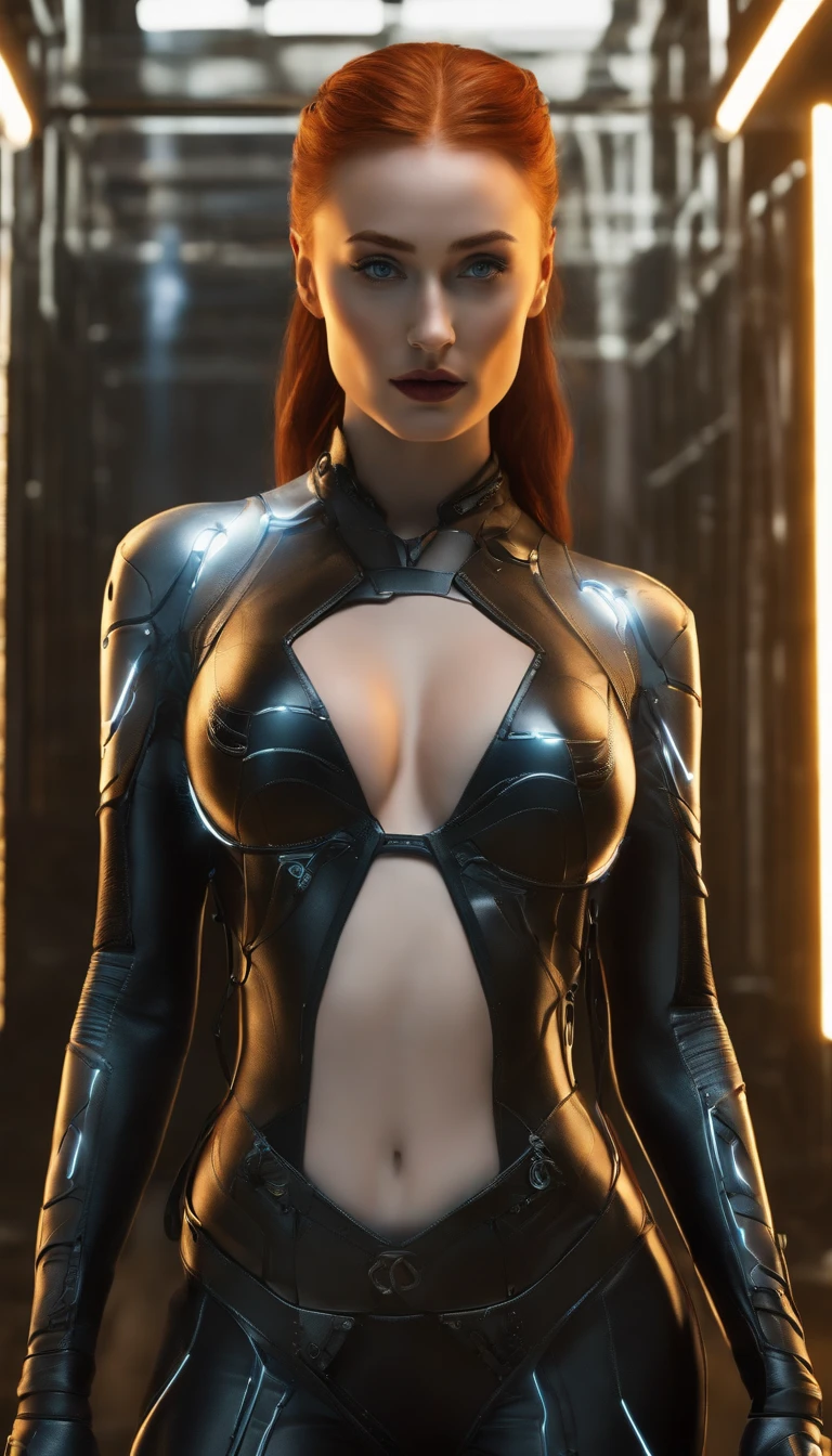 Cosmetic booty ad sophie turner, as sansa stark in a very sexy cyberpunk bikini with wires and lights, cyberpunk lights background, cyberpunk futuristic atmosphere, wearing a cyberpunk slutty sexy full body suit with wires coming in, hyper realistic, cyber punk girl style sophie turner, sansa stark in cyberpunk style, cyberpunk lights, cyberpunk city, cyberpunk glow, redhead sansa stark wearing sexy suit, sansa stark being sexy and seductive, seductive cyberpunk redhead sansa stark, full body sexy view, hyperreal, realistic view, game of thrones sexy sansa stark girl, extremely detailed, perfect body, perfect boobs, nsfw, hyper realistic details